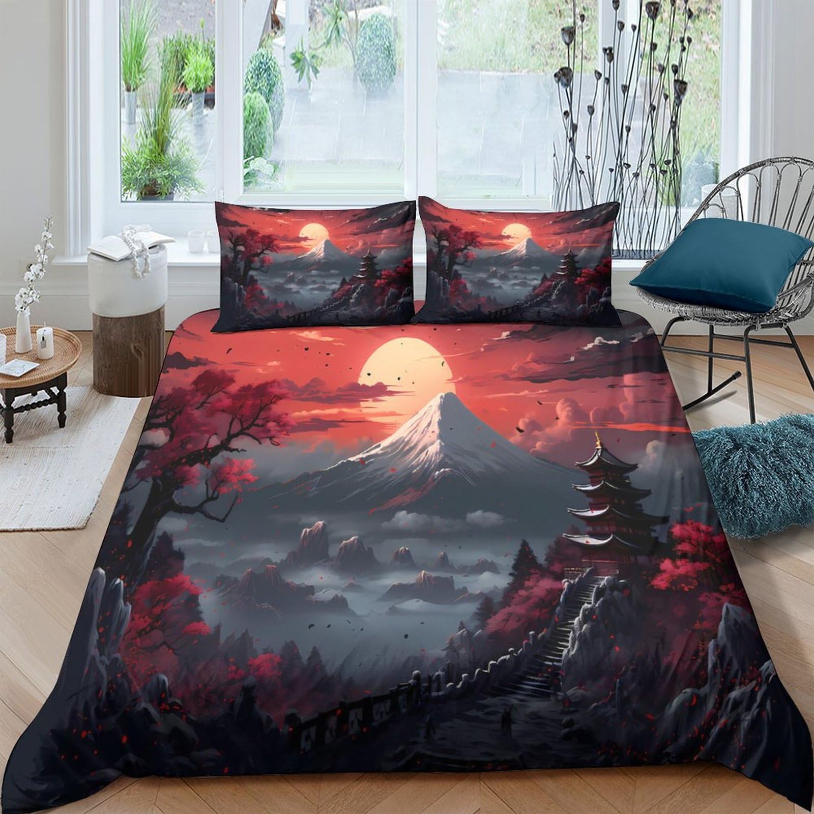 Ctjqhvkz Style-6 3D Printed Sunset Mountain Fitted Sheet Microfiber Soft Japanese Pagoda Mattress Cover For Bedroom Decor Dorm Room Single（135X200cm）