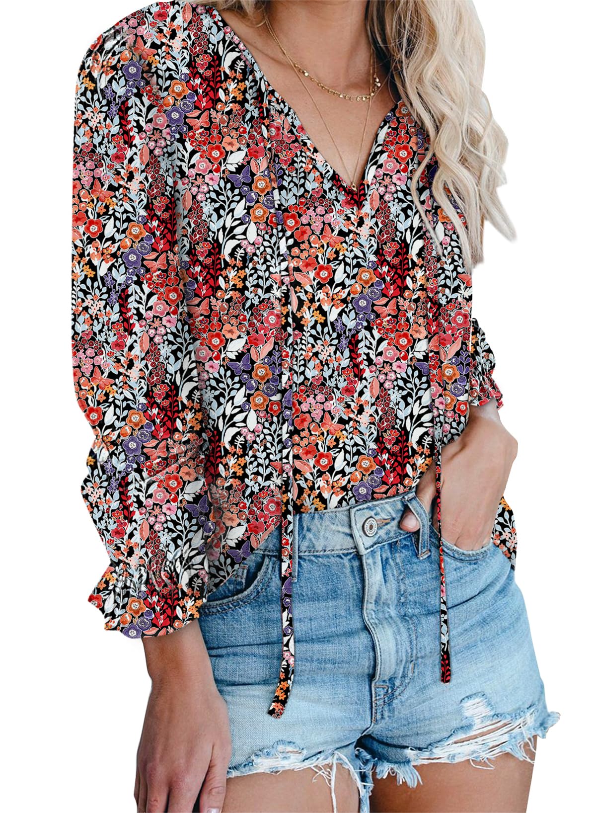 DokotooWomen's Casual Boho Floral Printed V Neck Tops Drawstring Short Long Sleeve T Shirt Blouses