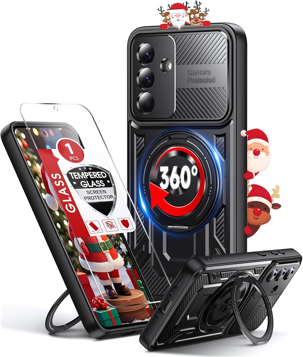 LeYi for Samsung Galaxy A36-5G Phone Case: with Glass Screen Protector, [Fit Magsafe] Heavy Duty 16FT Drop Protection Android Cell Cover Funda para 360° Invisible Ring Stand Samsung A 36 5G, Black