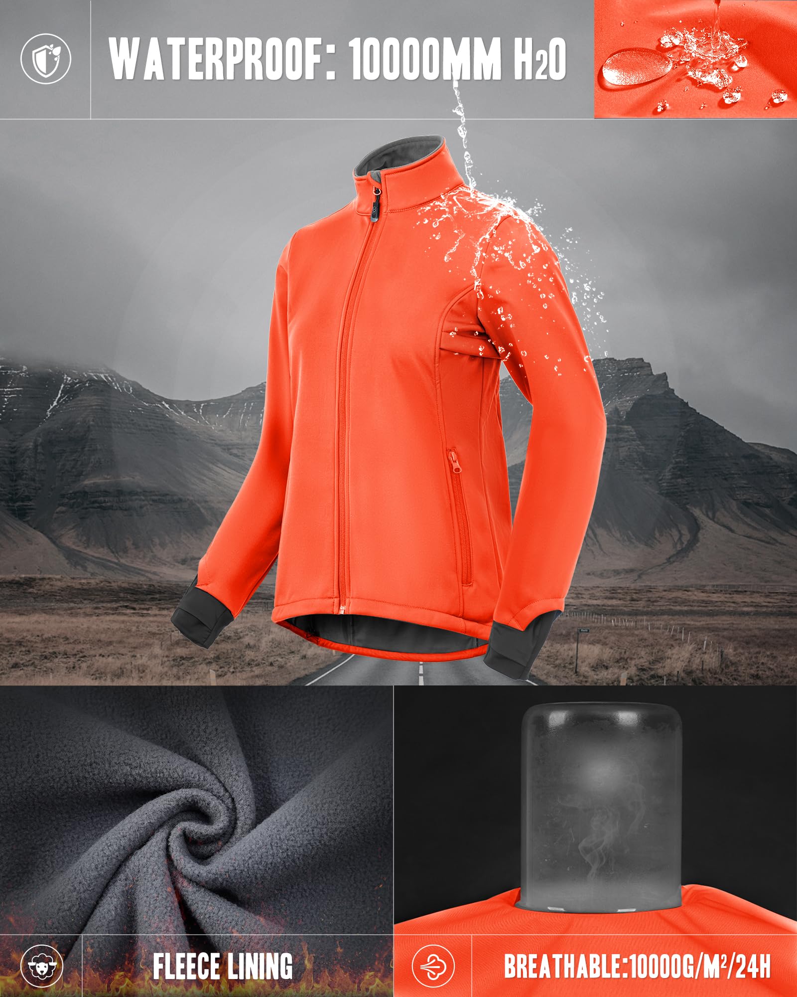 33,000ft Damen Fahhradjacke Wasserdichte Softshelljacke Winddichte Laufjacke Funktionsjacke Fleece Gefütterte Übergangsjacke Reflektierend Winter zum Radfahren, Laufen