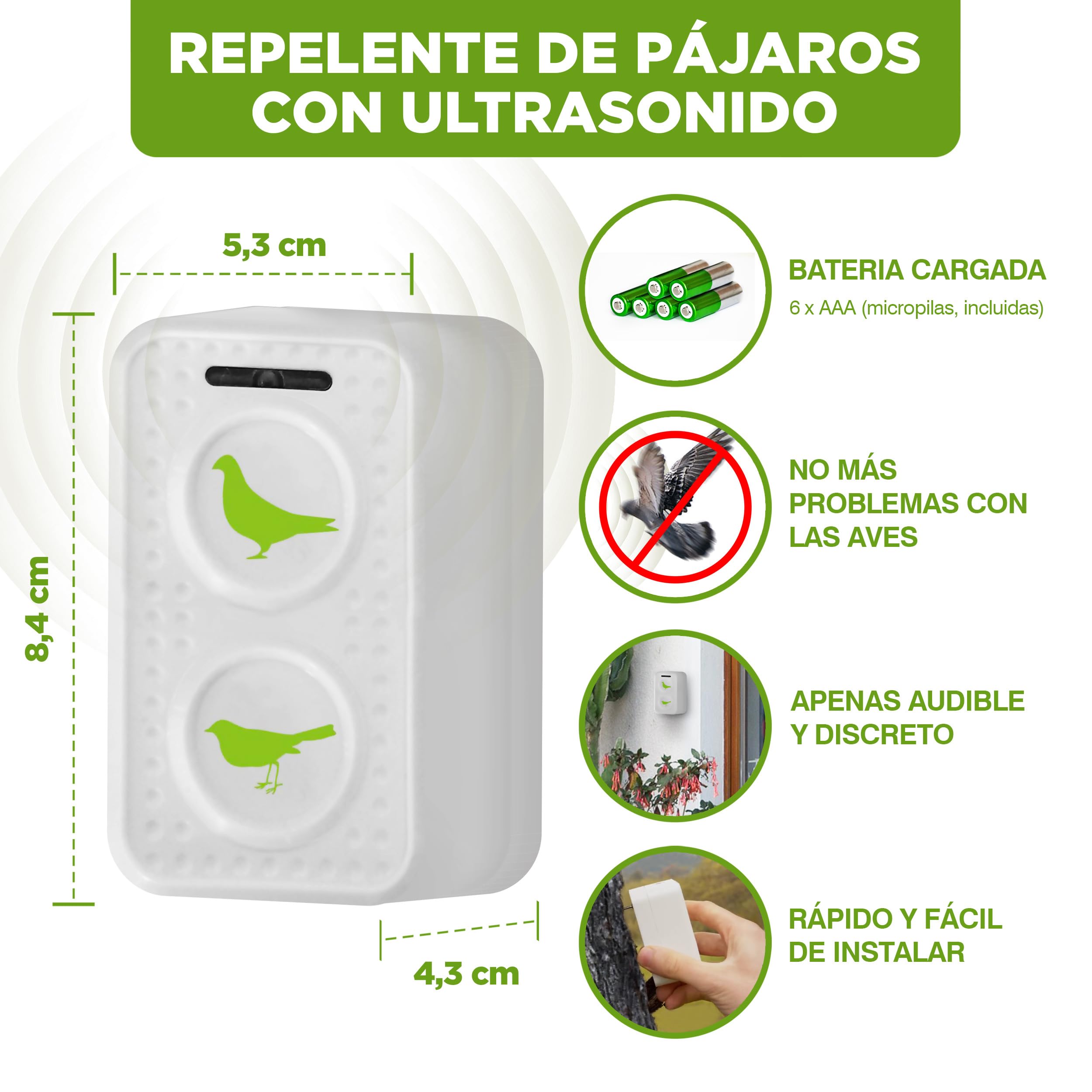 ISOTRONIC Repelente Ultrasónico de Aves — A Pilas para Palomas, Gorriones y Gaviotas — Ideal para Balcones, Azoteas y Jardines — Alcance Efectivo 50 m² — Pack de 2 Unidades