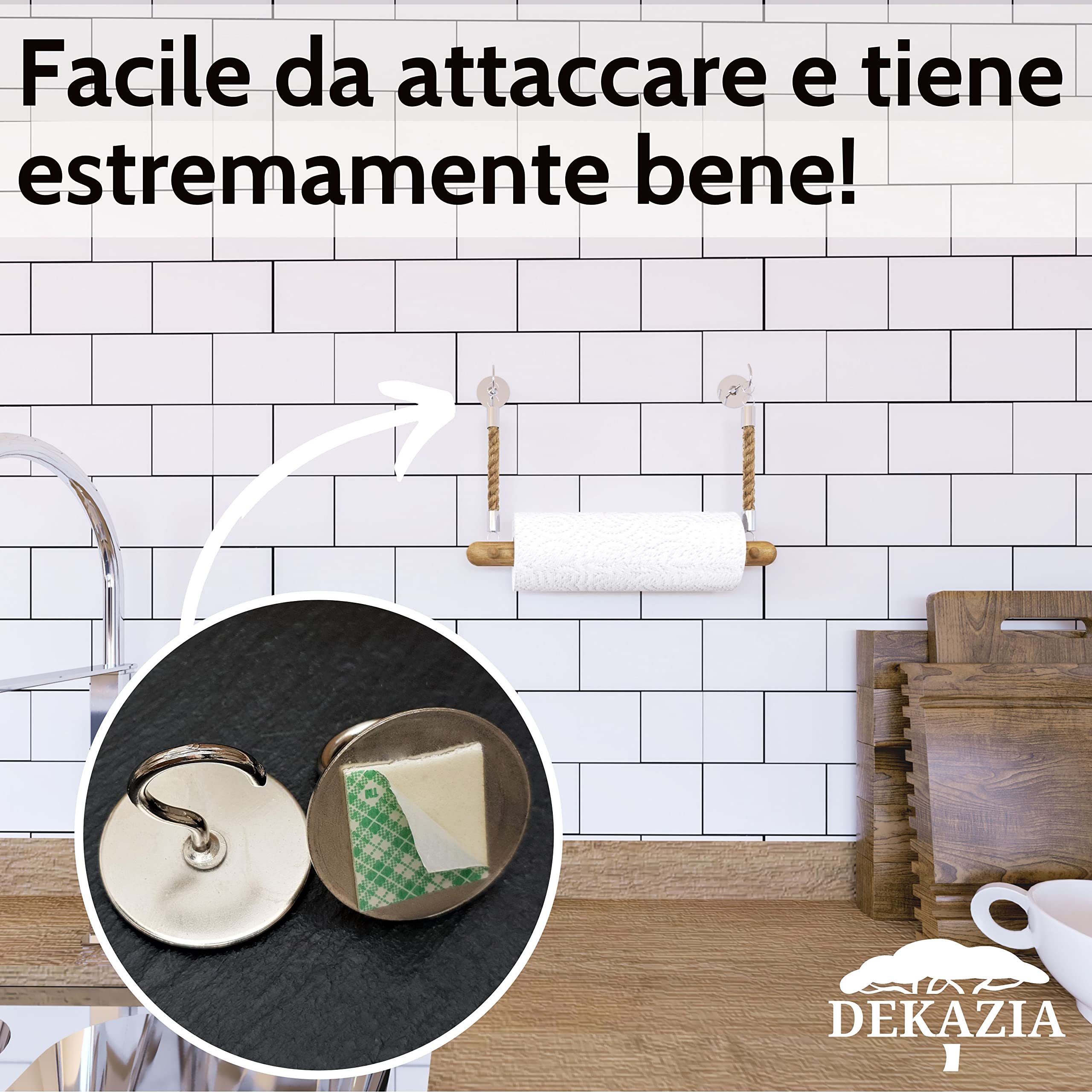 DEKAZIA® Portarotolo da Cucina in Legno con Corda Juta | Supporto Carta Cucina a Muro con Viti | Portascottex Parete Rustico