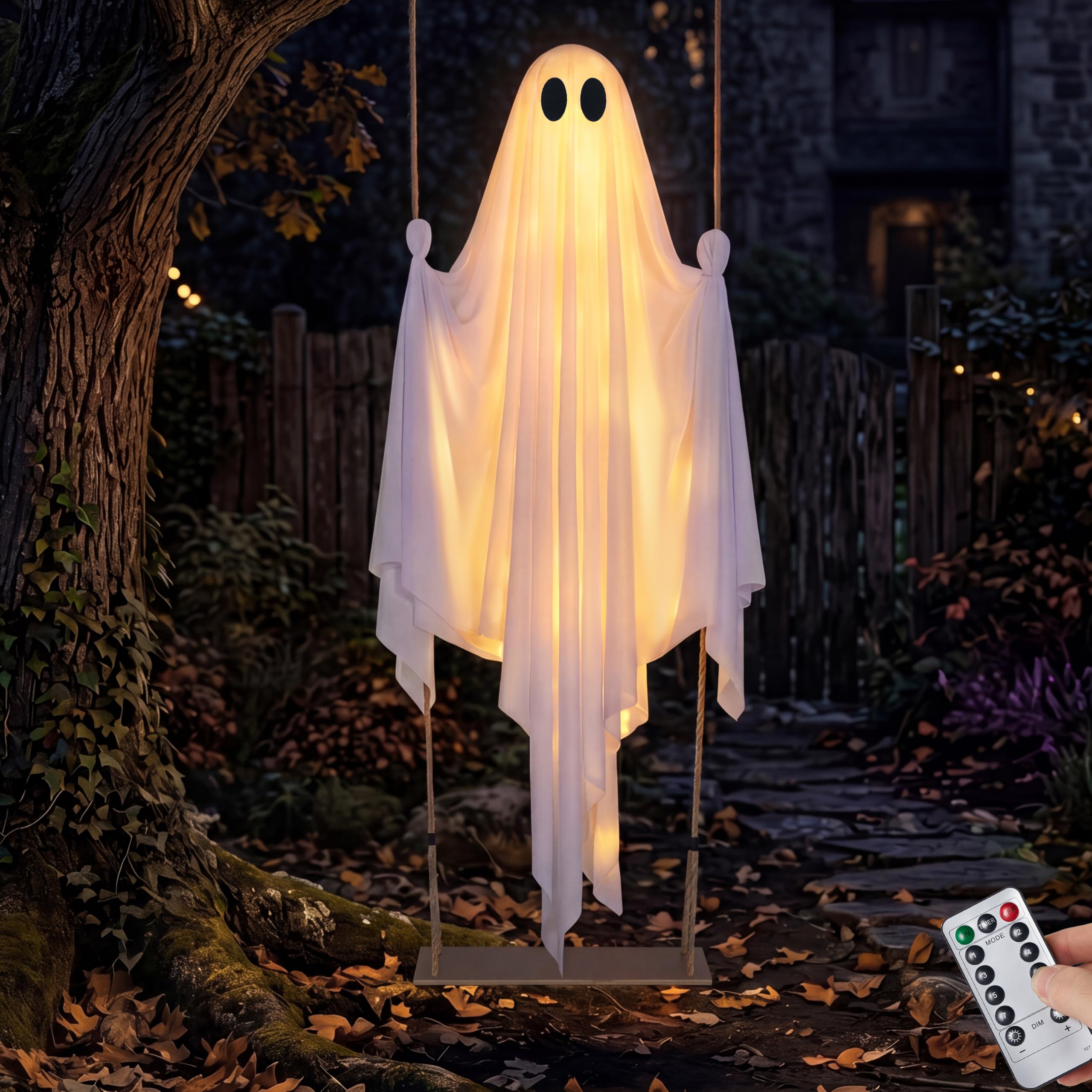 JOYIN Decoración de Halloween para exteriores, columpio fantasma colgante de 1,5 m, columpio fantasma blanco con luces blancas cálidas, espeluznante y linda decoración de Halloween para porche, jardín