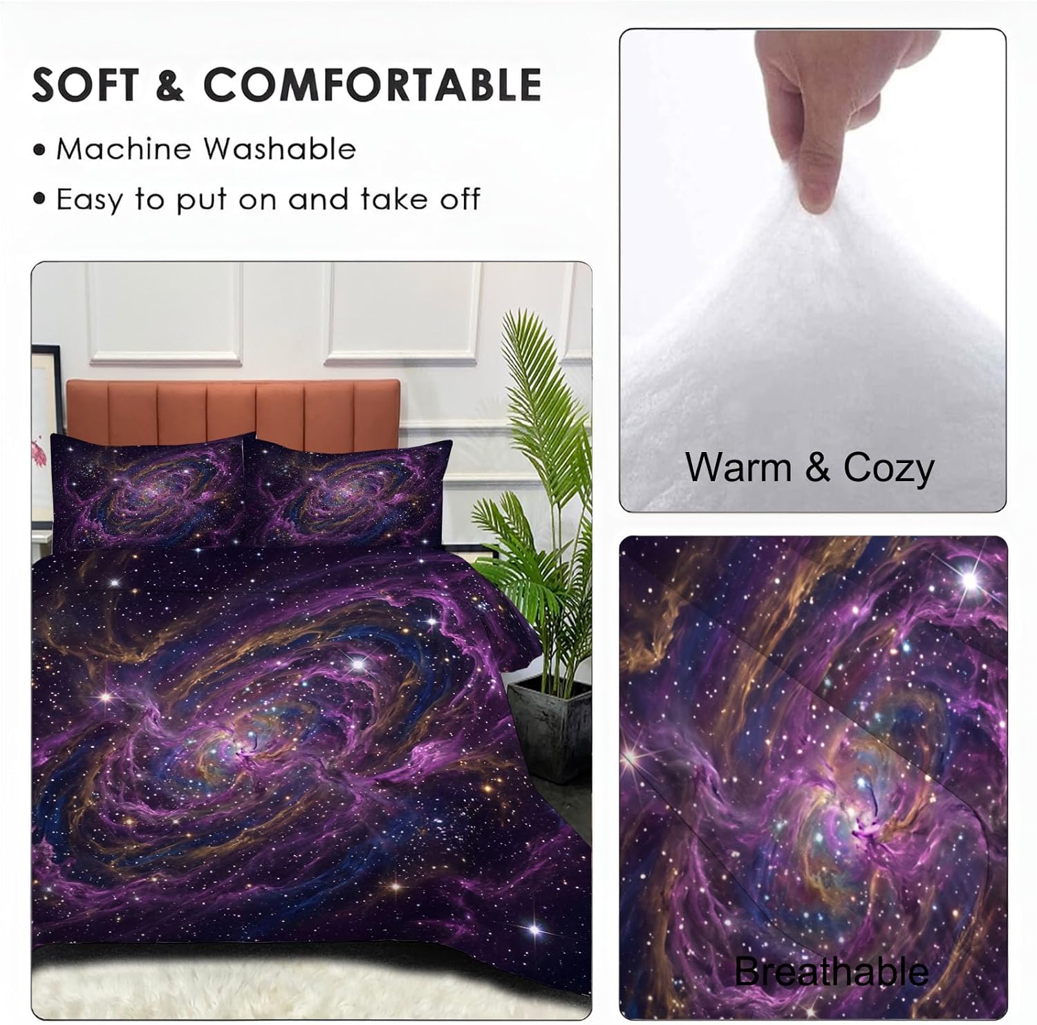 Fantasy Space Comforter Set Full Size, Universe and Milky Way Bedding Set for Girls Boys, Dark Purple Quilt Bed 79"X90" Bedding Comforter Sets with 2 Pillowcase Room Decor