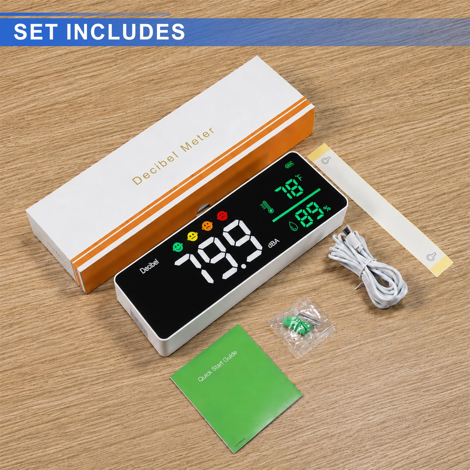 Medidor de decibelios con Registro de Datos, Probador de Sonido 11", Pantalla de pared para ruido, Temperatura y Humedad, Alarma sonora e íconos, Duarda 4,000 puntos de datos, para aula y estudio