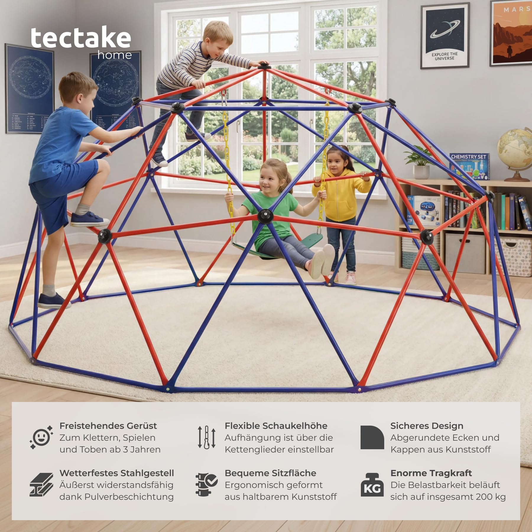 tectake® Klettergerüst mit Schaukel, Ø 305 cm, wetterfest, ab 3 Jahren, bis 200 kg belastbare Kinderspielgeräte, Spielplatz Kletteranlage, Gartenspielturm, Kinderspielplatz Geräte, bunt - mit Schaukel