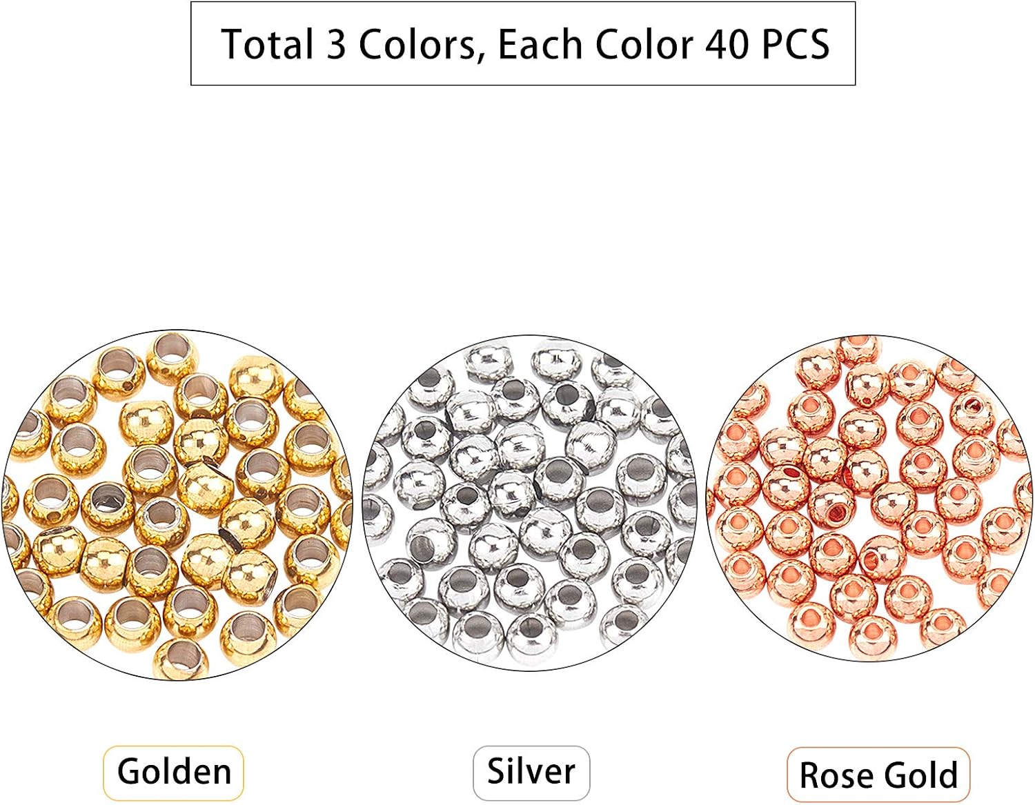 UNICRAFTALE 120pcs 3 Colors 4mm Round Spacer Beads 304 Stainless Steel Loose Beads Small Hole Spacer Beads Smooth Surface Beads Finding for DIY Jewelry Making Craft Hole 1~2mm - Image 3