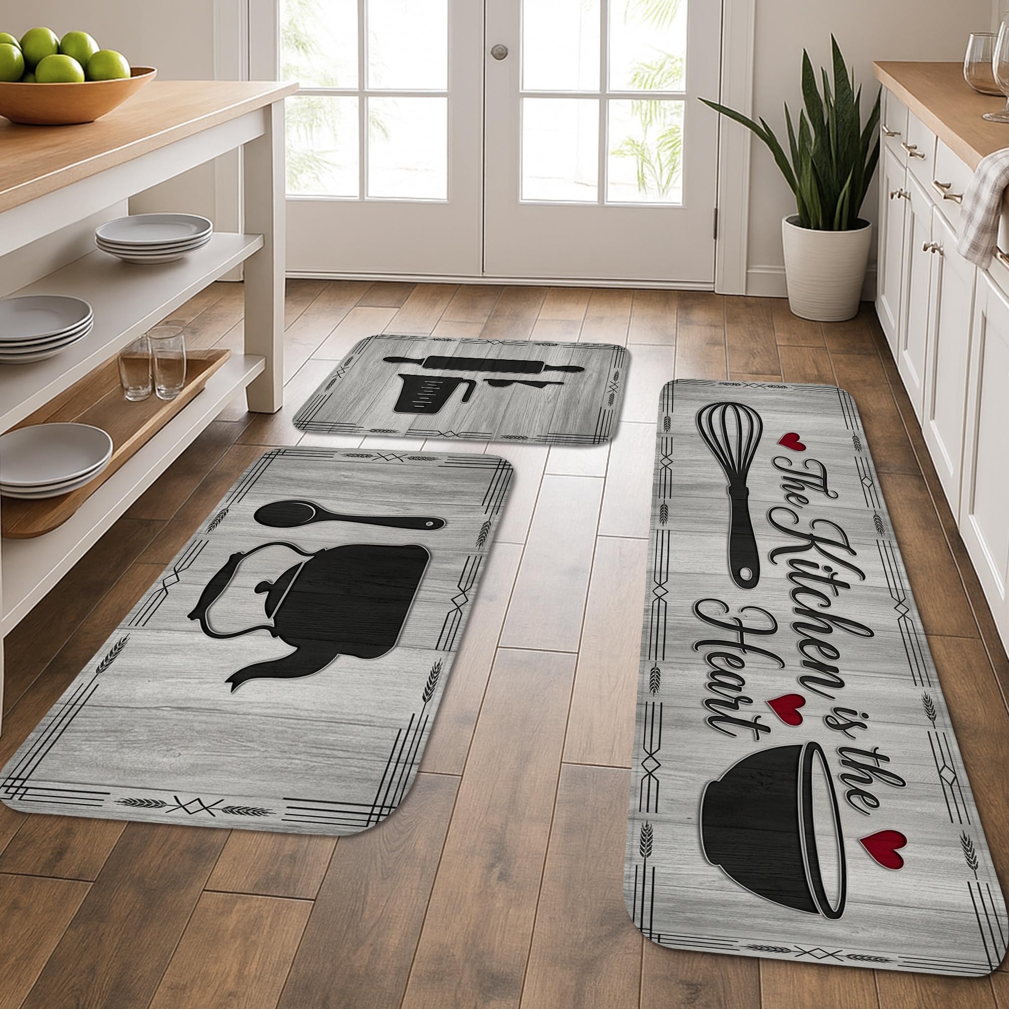 Tapis de cuisine lot de 3 noir rustique lavable et rembourré pour le sol de la maison