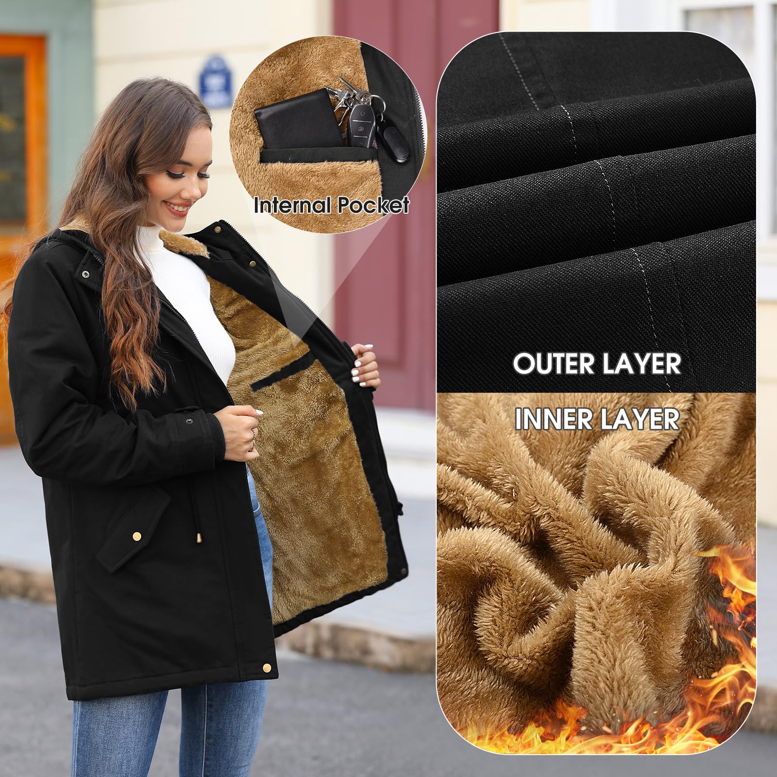 Vancavoo Cappotto Giubbotto Donna Parka Invernale Giacca Cappotti Imbottita Caldo Felpa con Cappuccio Media Lugghezza Giaccone Outdoor