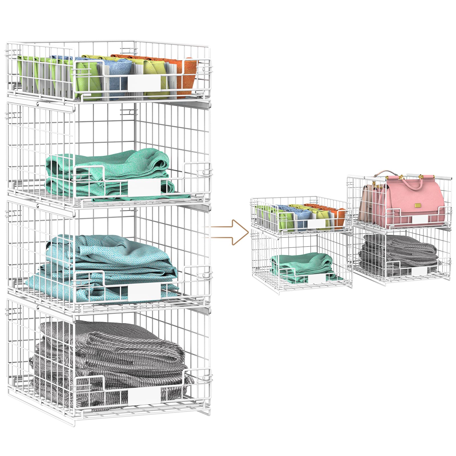 4 Pack Sliding Closet Organizers and Storage, Stackable Closet Storage Shelves, Pull Out Clothes Storage Organizer Baskets/Containers/Drawers with Dividers for Wardrobe (White-Sturdy Wire Metal Frame)