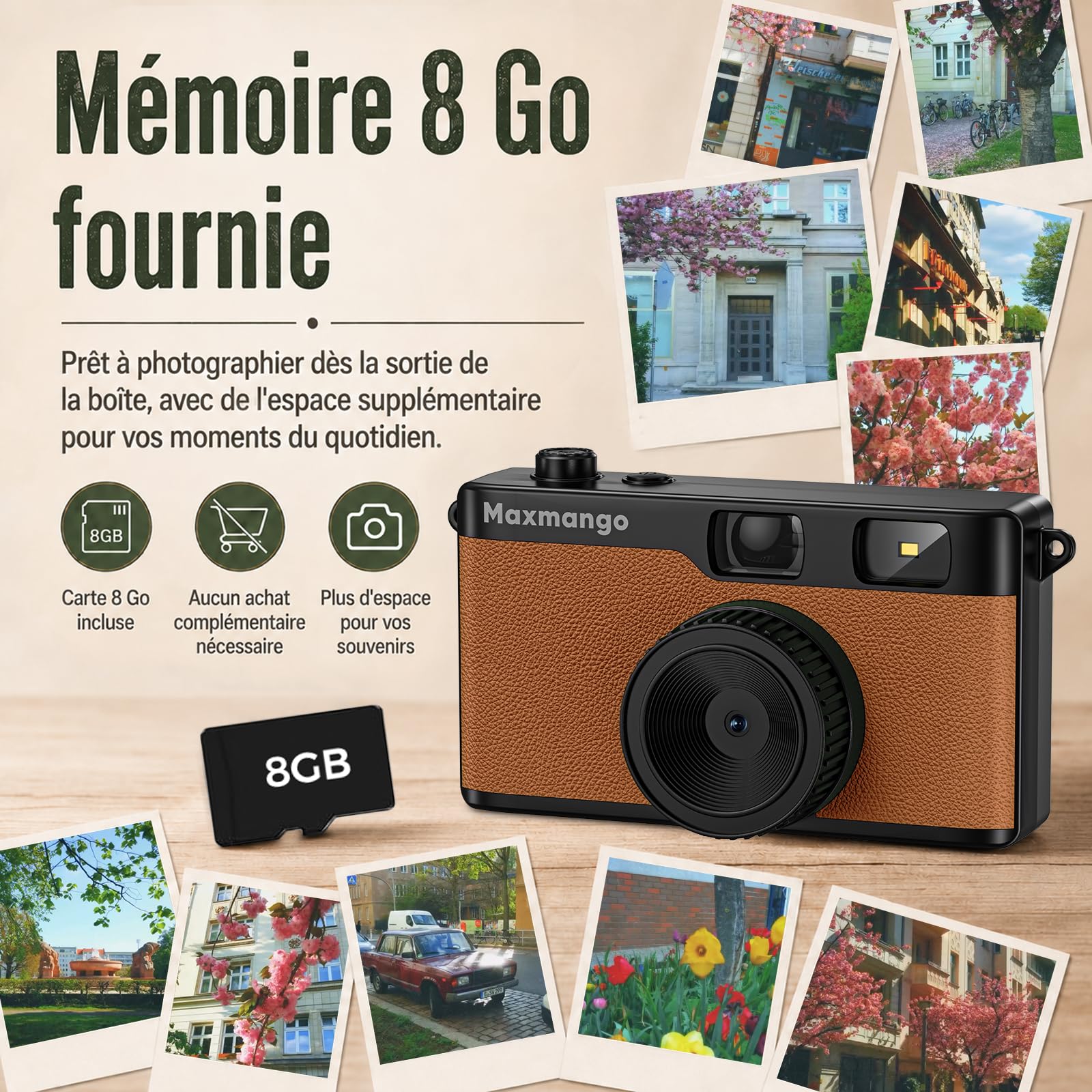 Maxmango D53 Appareil Photo Vintage sans Écran, Numérique Rétro 12 MP, Filtres DIY, Transfert USB-C, Carte SD 8 Go, Marron