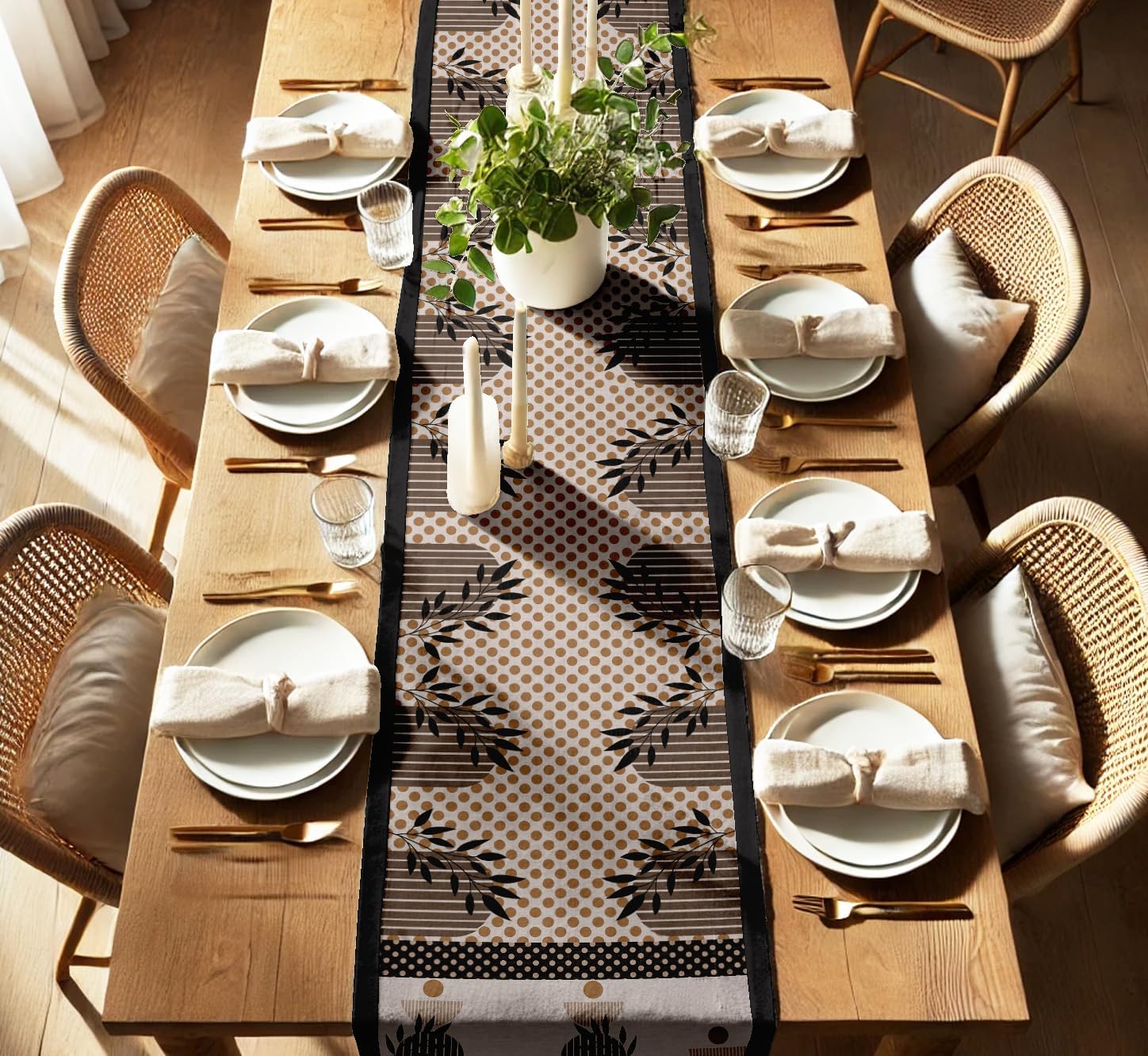 Handcrafted Double Layer Cotton Table Runner - Vargottam Fabric Table Linen with Border - Machine Washable, Stylish Runner for Dining & Console Tables - Geometric