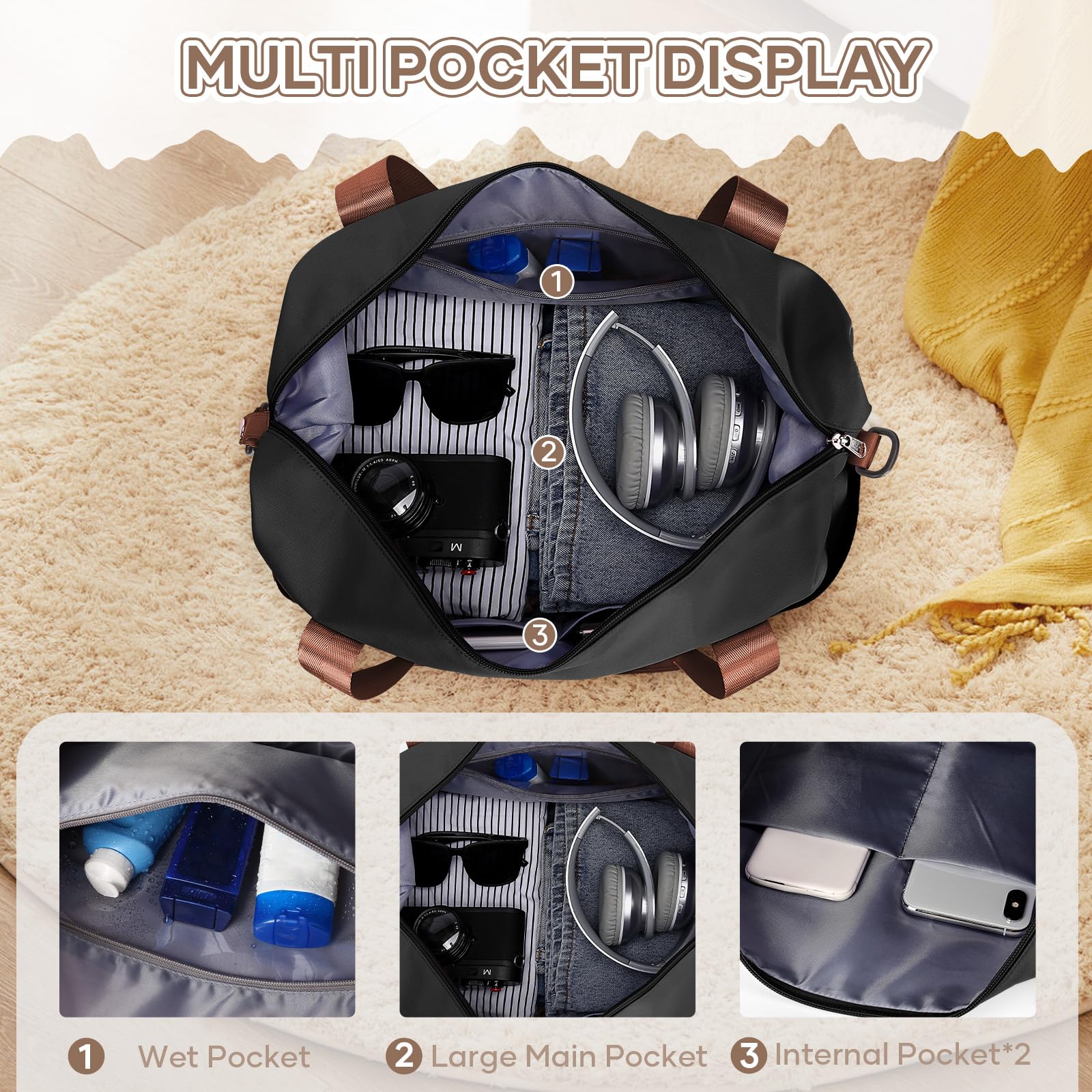 SEAFEW Bolsa de Viaje 40x20x25 para Ryanair,Bolsa de Mano Equipaje de Fin de Semana 40x30x20 para Mujer,Impermeable Bolsa de Deporte para Gimnasio,Bolso de Natación para Playa,A4-Negro-Marrón