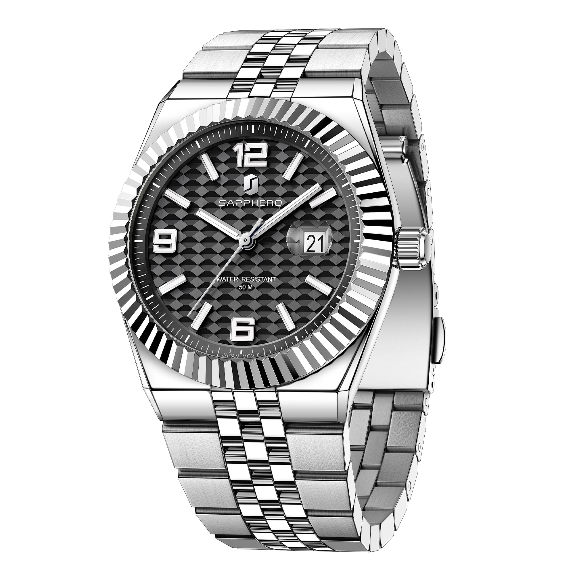 SAPPHERO Herrenuhren Herren-Quarz-Analoguhr Edelstahlarmband mit Datumsfenster Leuchtende Designeruhr 50 m wasserdicht Luxusuhr für Geschäft Arbeit | Wasserdicht bis 30 m, Datumsdesign, Sport, Freizeit, Business, elegant, Geschenk für Herren, Skelettuhr