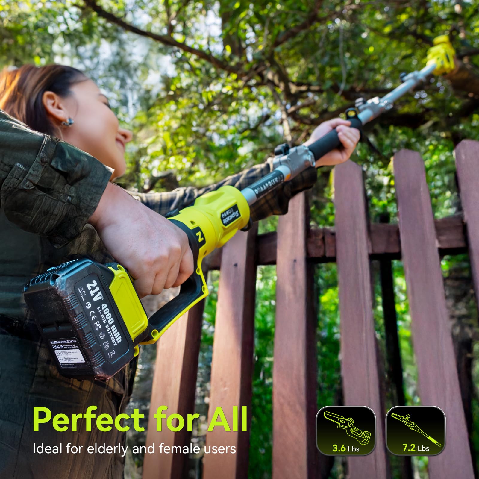 Supstable Motosierra Bateria con Pértiga, 8’’ Mini Motosierra a Batería & 2,5M Sierra de Podar Telescópica 2 en 1, 8000 mAh Podadora, Hasta 4,8 m de Altura, Podar Arboles para Árboles y Jardin