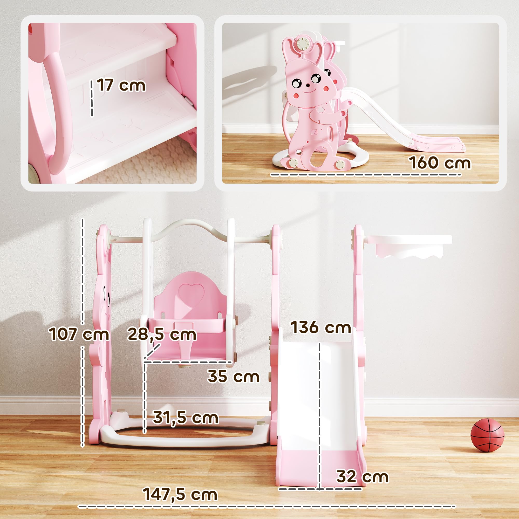 AIYAPLAY Toboggan et Balançoire pour Enfants 4 en 1 1,5 à 4 Ans Rose | Aire de Jeux Tout-Petits avec Escalade, Panier de Basket, Motif Lapin, pour l'Intérieur et l'Extérieur