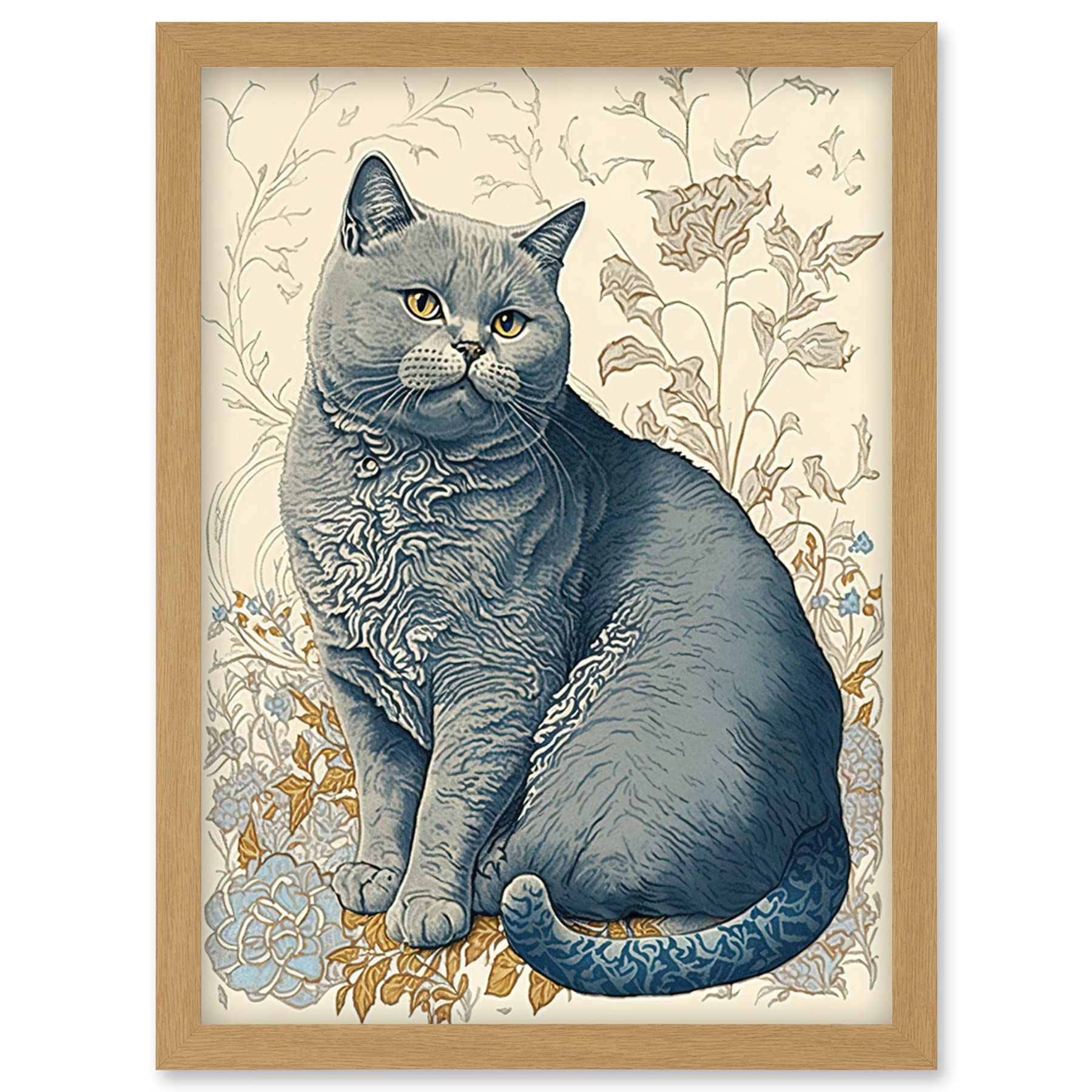 Artery8 William Morris Inspired Cat Portrait with Flowers Modern Illustration Artwork Framed Wall Art Print A4