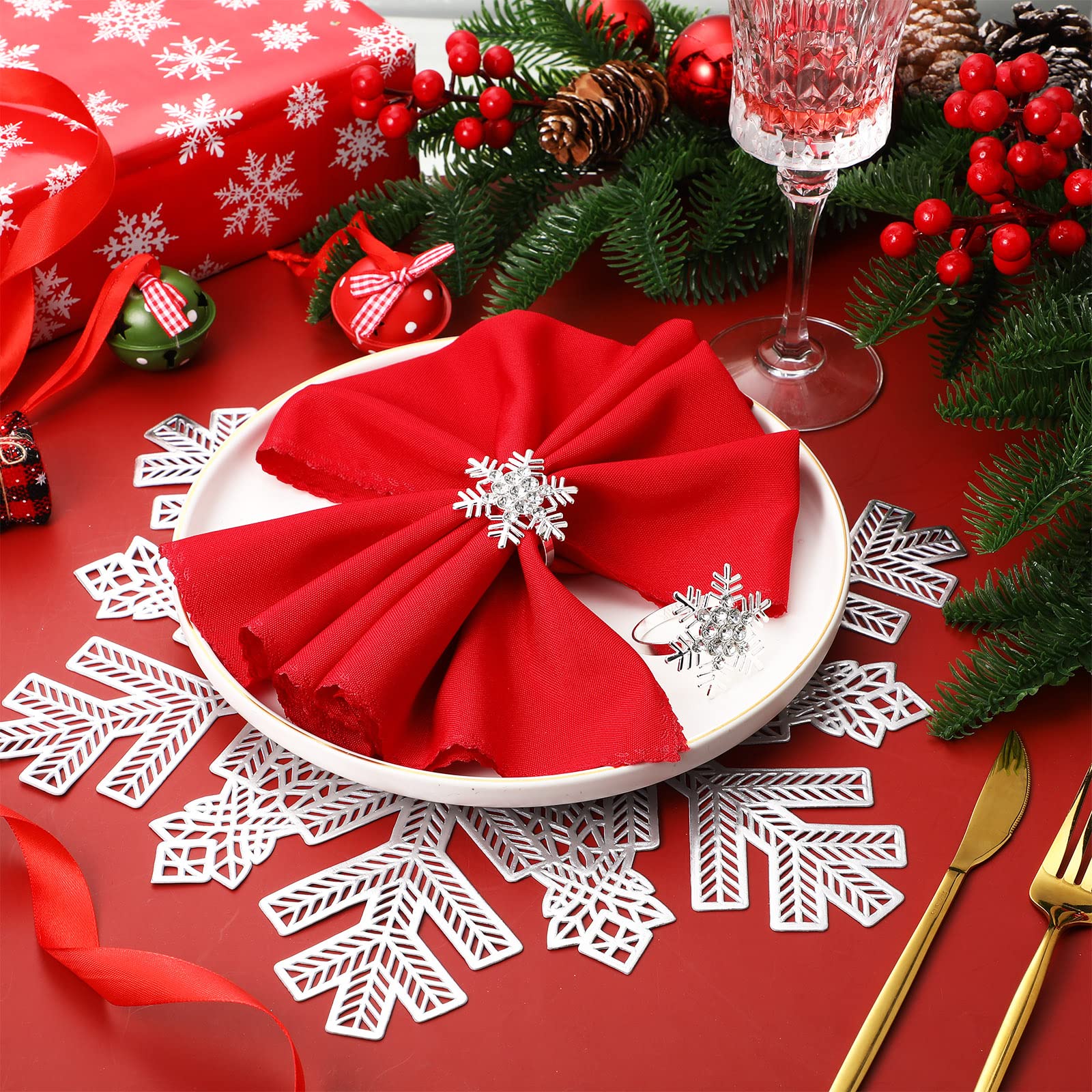 Yungyan 18 Pcs Christmas Napkin Placemat and Ring Set Red Christmas Napkins Cloth Silver Snowflake Placemats Metal Ring Holder Formal Table Setting for Dinning Xmas Party