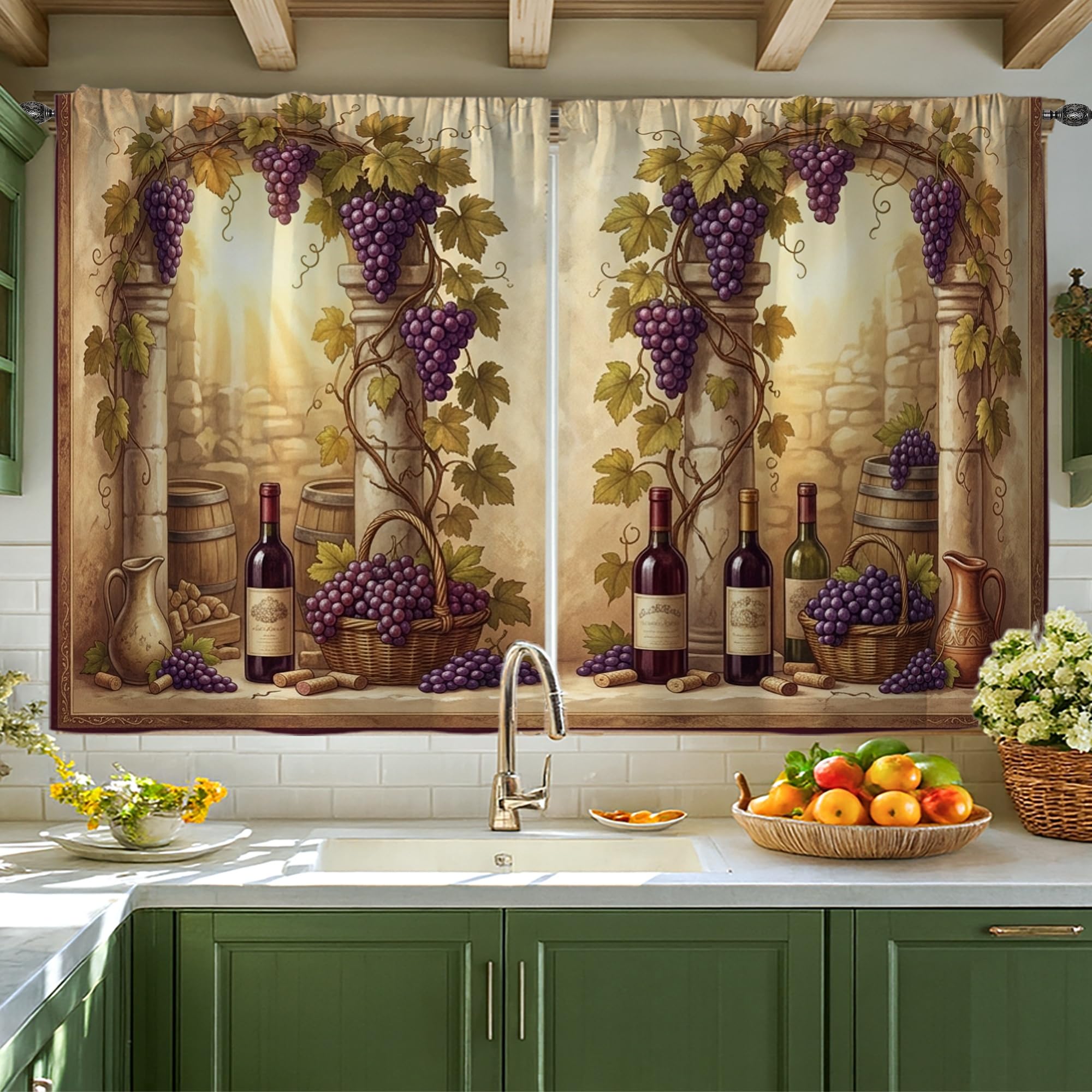 Rideaux de cuisine bouteilles de vin décor d'automne pour fenêtre étroite