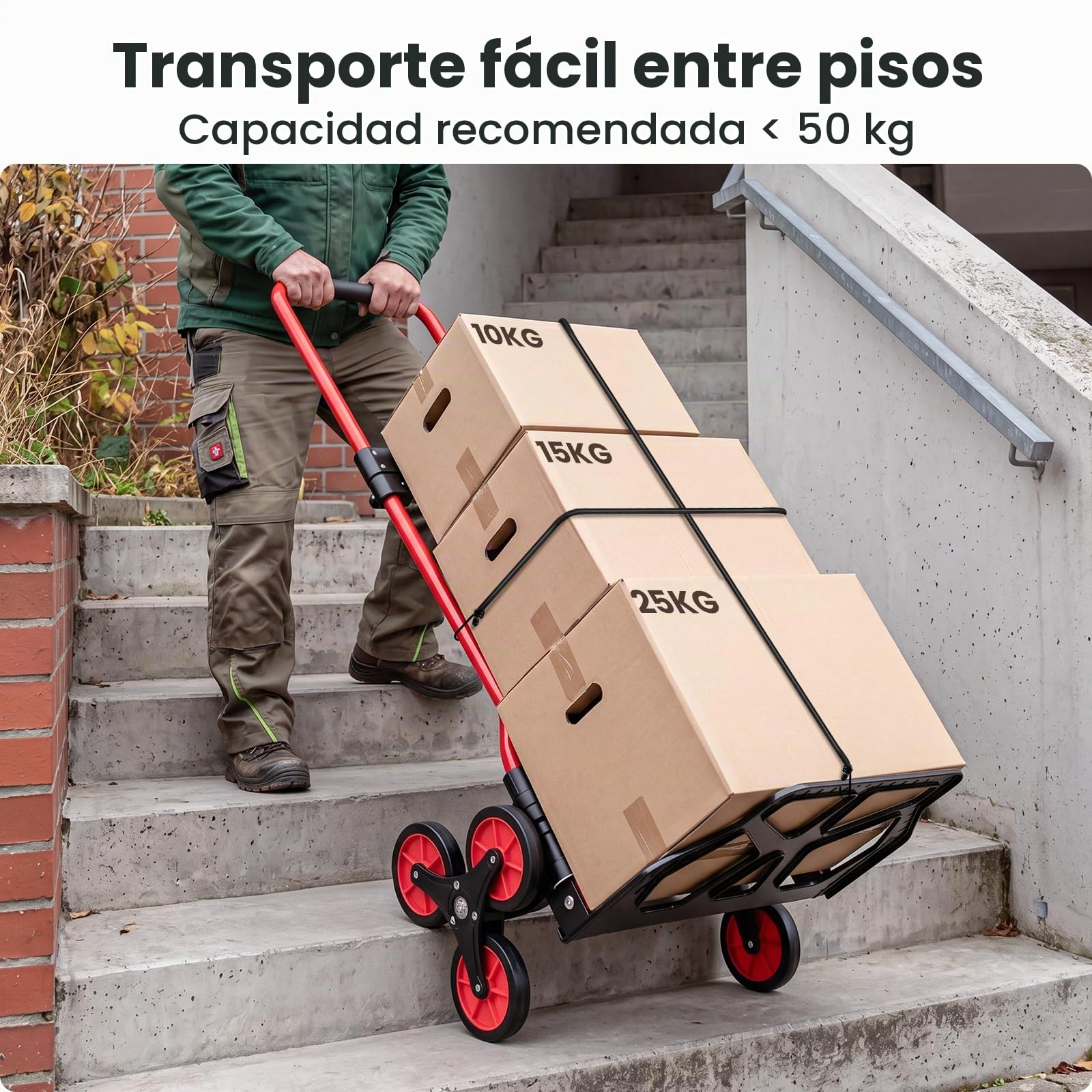 YEAUPE PRO Carretilla de Mano Plegable Escaleras 50 kg Rojo | Ruedas TPR grandes, mango telescópico regulable y 2 cuerdas incluidas para subir escaleras, mudanzas y transporte