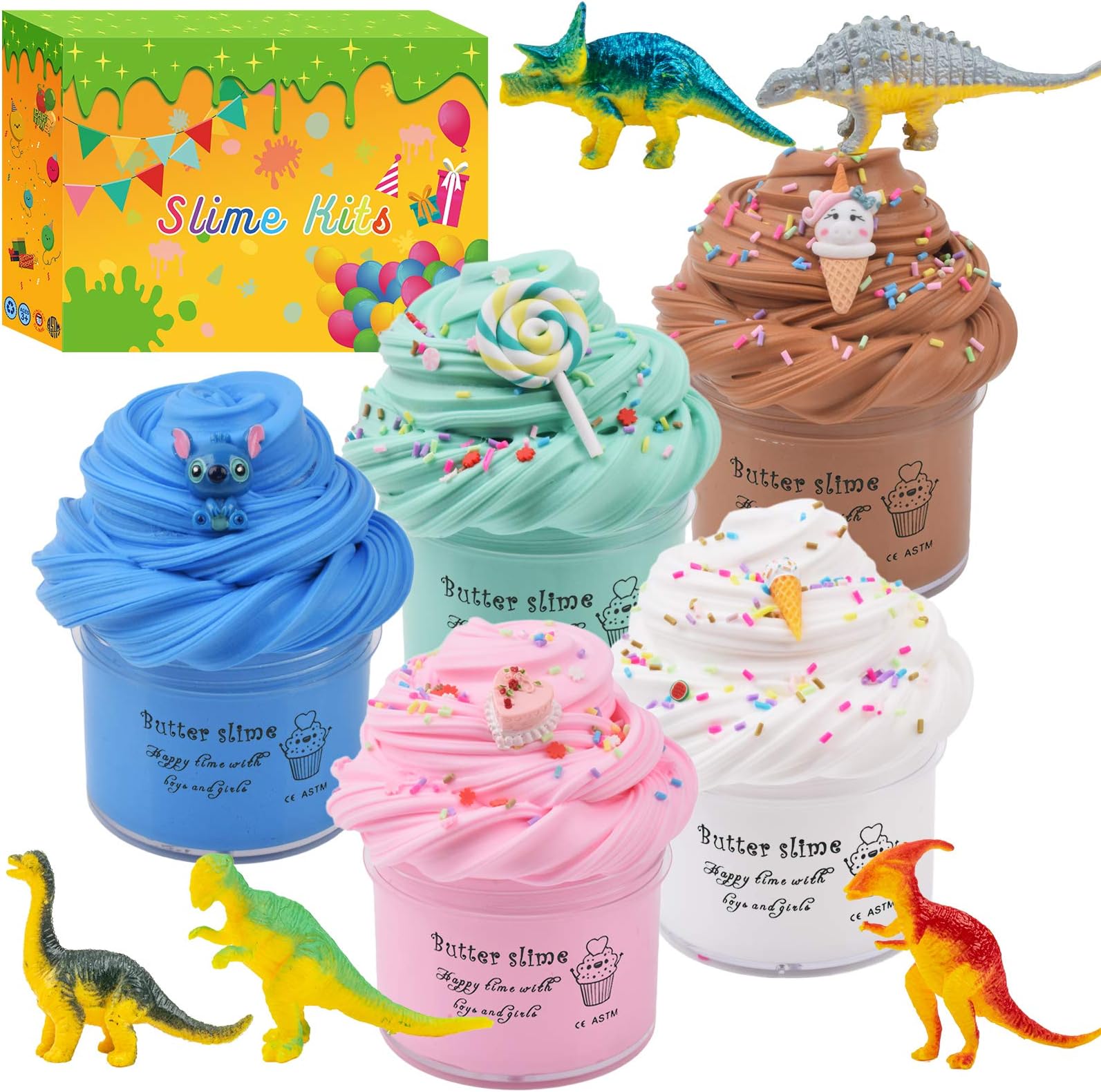 Upgrade 5 Pack Dinosaur Slime Kit for Girls Boys,Scented Butter Slime with Blue Stitch Pink Cake Coffee Ice Cream,Soft Glossy Stretchy Non-Sticky Slime for Kids…