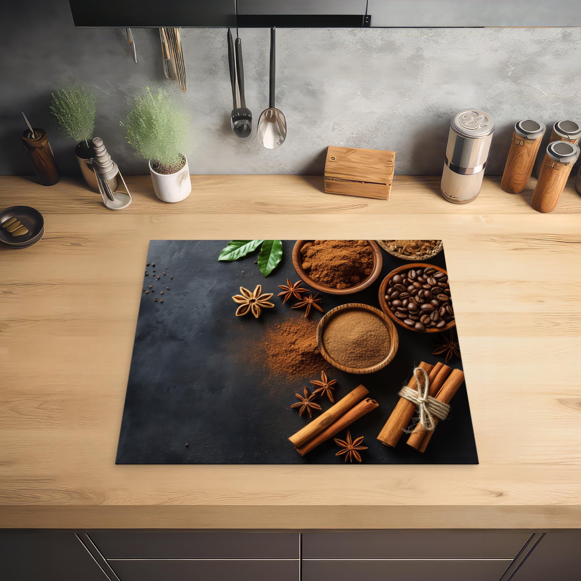 KitchenYeah© Protege Couvre Plaque De Cuisson Deco Cuisine Tapis Protection Protecteur Induction 59x52 cm Cannelle - Béton - Café - Bâtons de cannelle - Épices