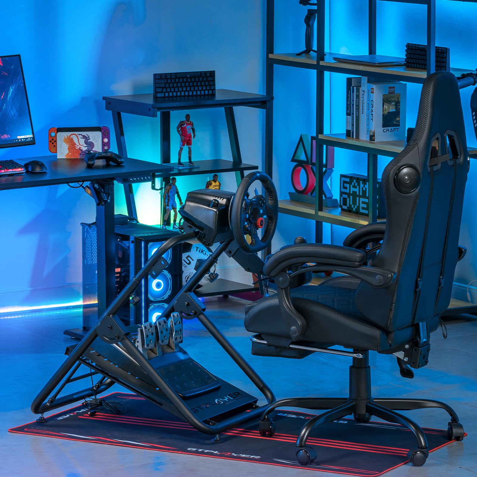 GTPLAYER Support de volant Sim Racing Steering Wheel Stand pour G920 G29 G25 G27 G923 T300RS avec support de levier de vitesse, Hauteur et angle réglables