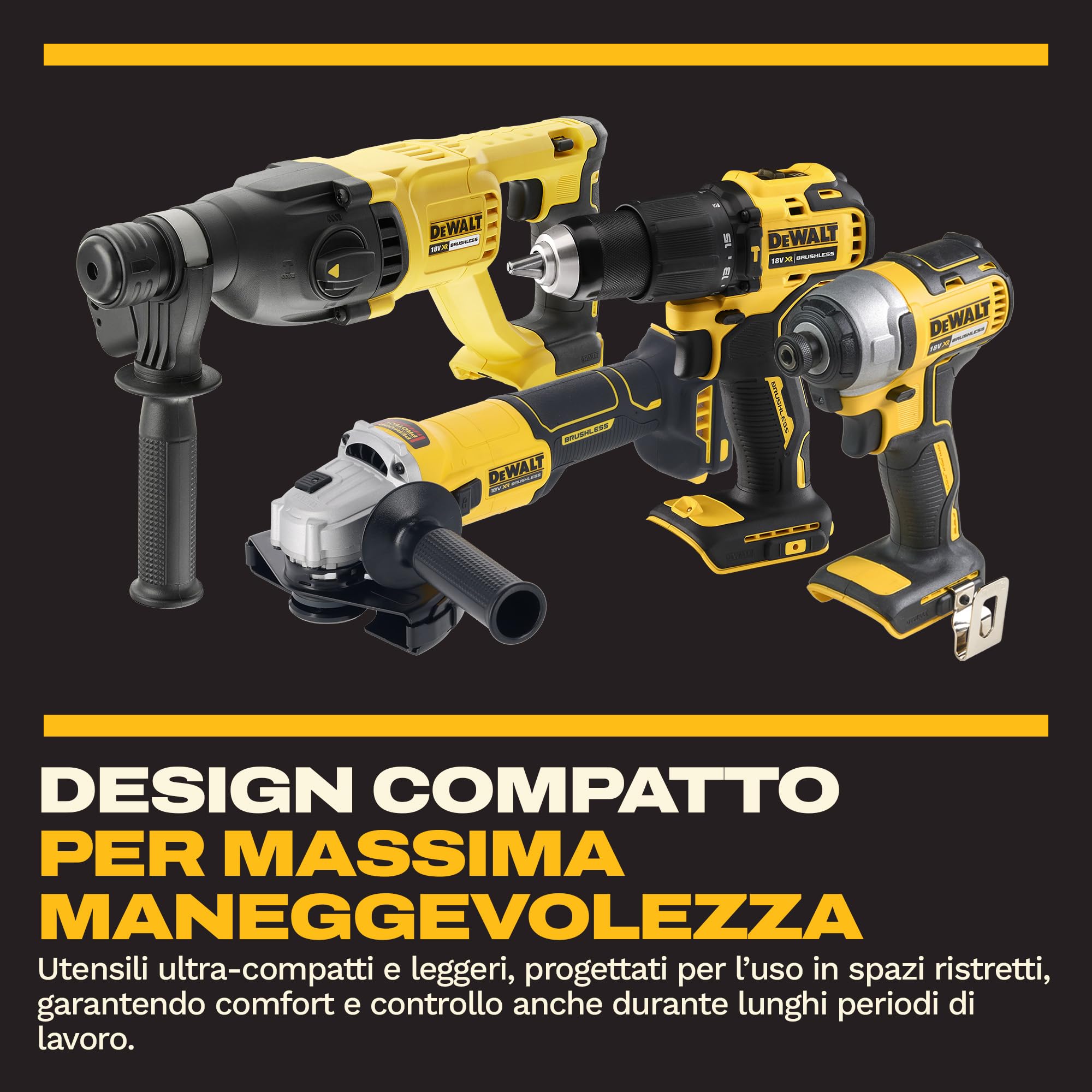 DEWALT Kit Combo 18V 4PC (trapano avvitatore compatto, avvitatore ad impulsi, martello rotante 18V SDS-Plus, smerigliatrice angolare 125mm) con 3 batterie 4Ah in borsa morbida, DCK424M3-QW