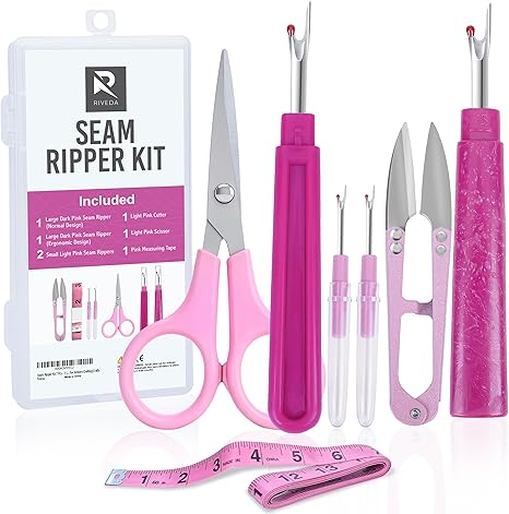 Seam Ripper Kit 7 Pcs - 1 Large, 1 Ergonomic, 2 Small Seam Rippers, Thread Cutter, Scissor, Measuring Tape - Sewing Accessories for Notions Quilting Crafts
