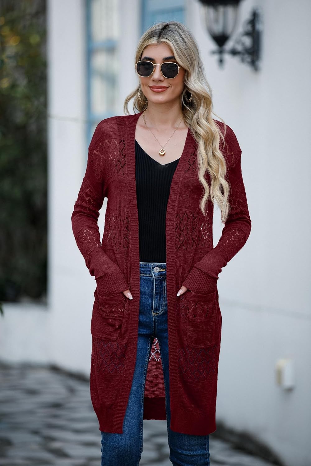 GRECERELLE Womens Lightweight Longer Length Cardigan Long Sleeve Casual Crochet Open-Front Sweater with Pockets - Image 5