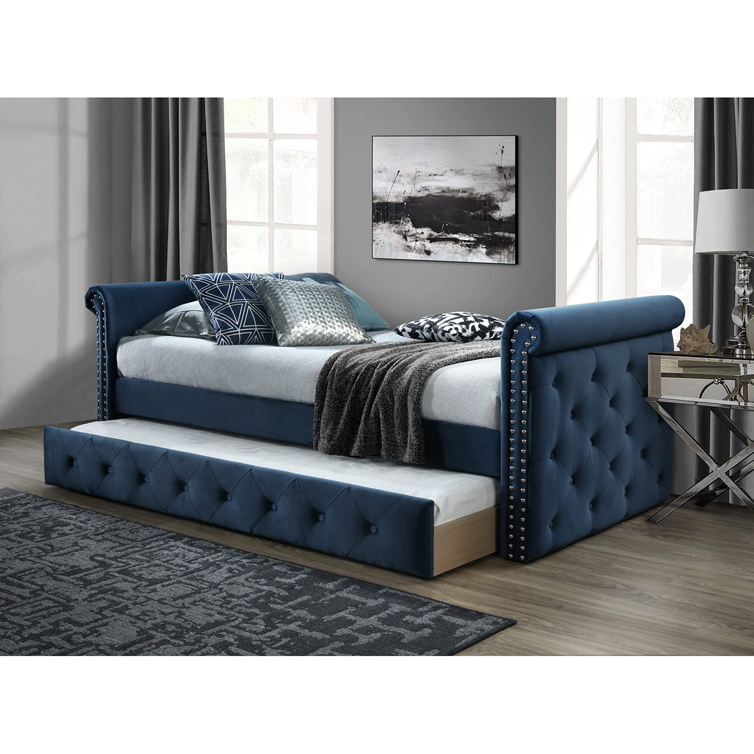 DG Casa Hesdin Traditional Upholstered Daybed with Trundle Platform Bed Frame with Button Tufting Nailhead Trim and Full Wooden Slats, Box Spring not Required - Twin Size Day Bed in Blue Faux Velvet