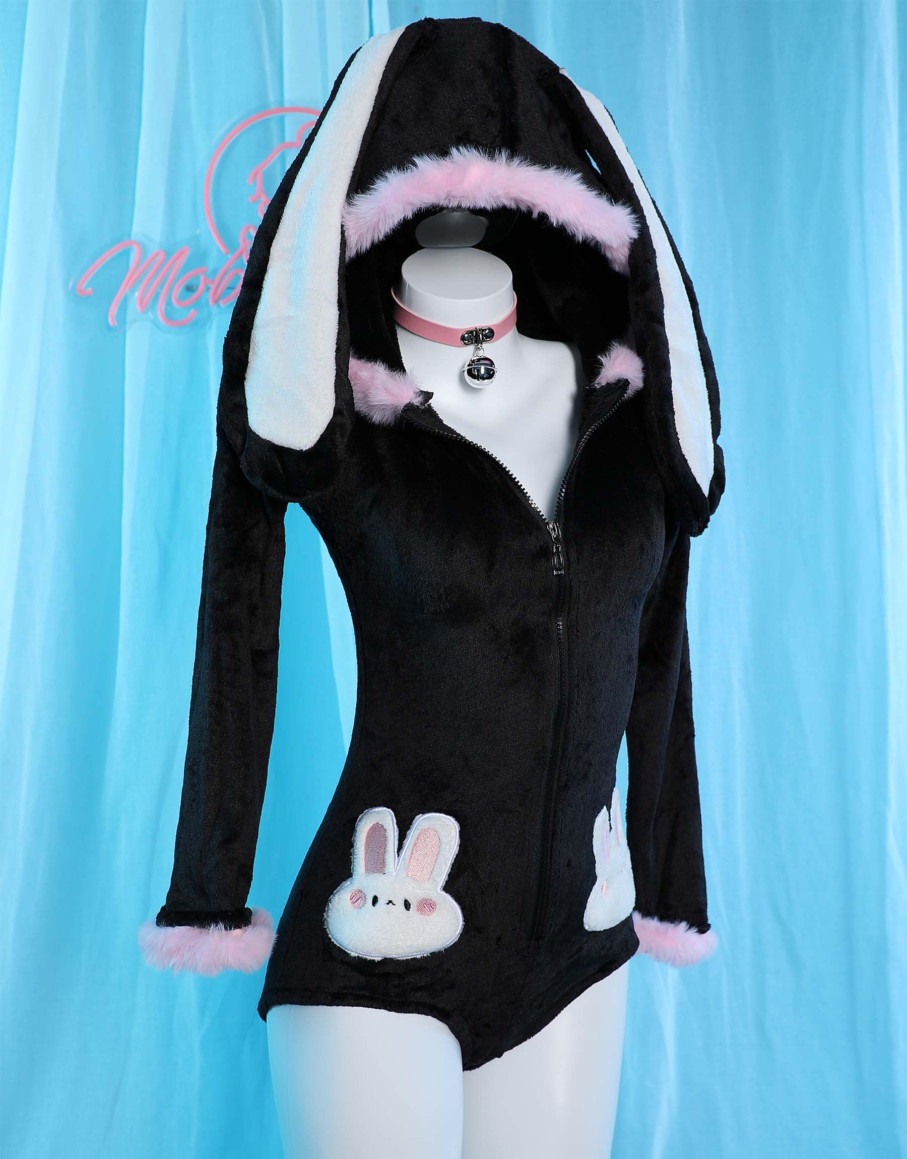 Mobbunny Cute Bunny Ear Onesie Pajama Fuzzy Romper Long Sleeve Loungewear Hooded Jumpsuit Zipper Fluffy Homewear with Socks: Medium Black