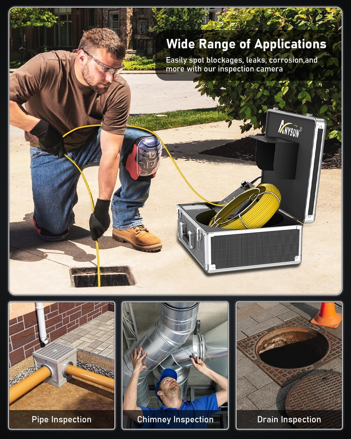 Anysun Sewer Inspection Camera - 100ft with 512Hz Transmitter, Receiver & 7" LCD Monitor - IP68 Waterproof Pipe Camera DVR Recorder (8GB SD Card)