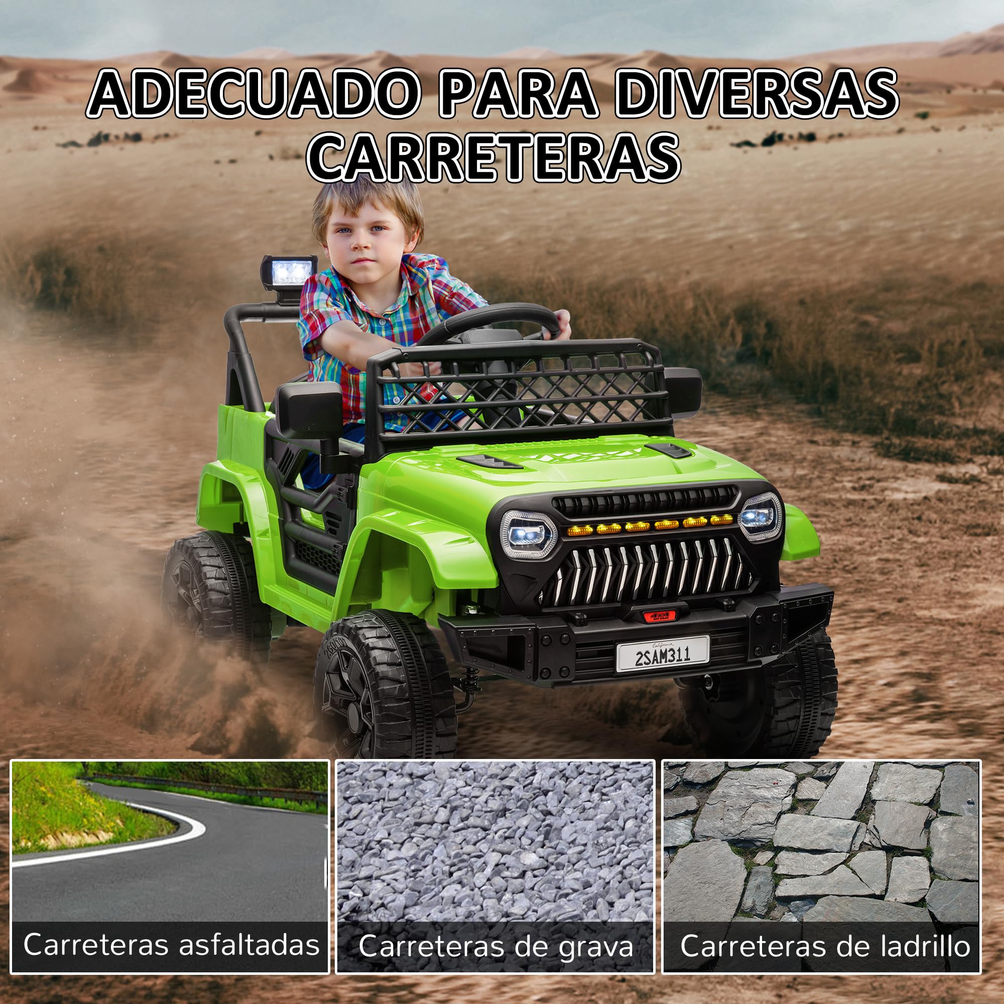 AIYAPLAY Coche Eléctrico para Niños de +3 Años Coche Eléctrico Infantil de Batería 12V con Mando a Distancia Velocidad Ajustable USB Faros Bocina Verde