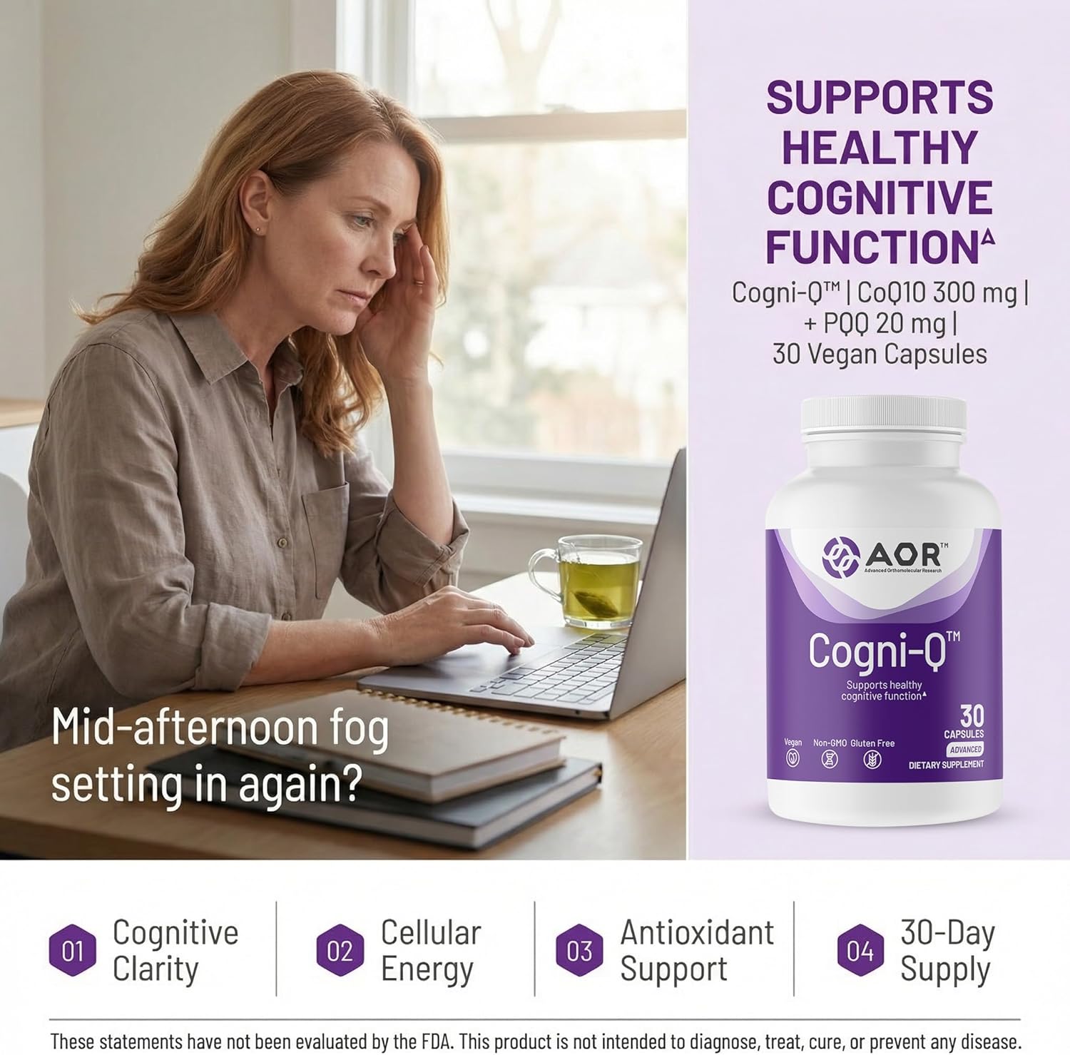 AOR Cogni-Q 30 Vegan Capsules, 30-Day Supply, PQQ & CoQ10 320mg