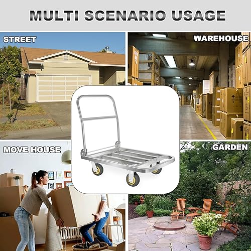 Miniatura 7 de Carro de tubo cuadrado de acero inoxidable de 660 libras, carrito de plataforma plegable de 35.43 x 23.62 pulgadas, rueda de goma elástica de 6