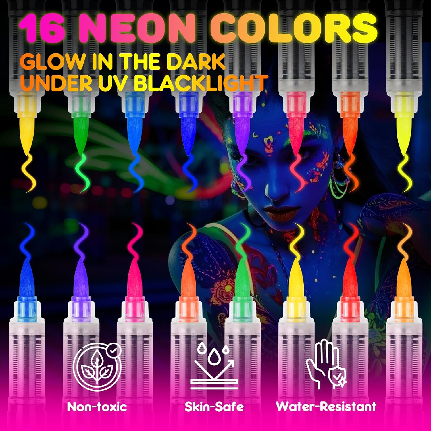 ThEast 16 Glow in the Dark Body Paint, UV Neon Face Paint Markers, Glow Face Painting, Washable Tattoo Markers for Skin, Halloween Makeup for Party - Image 2