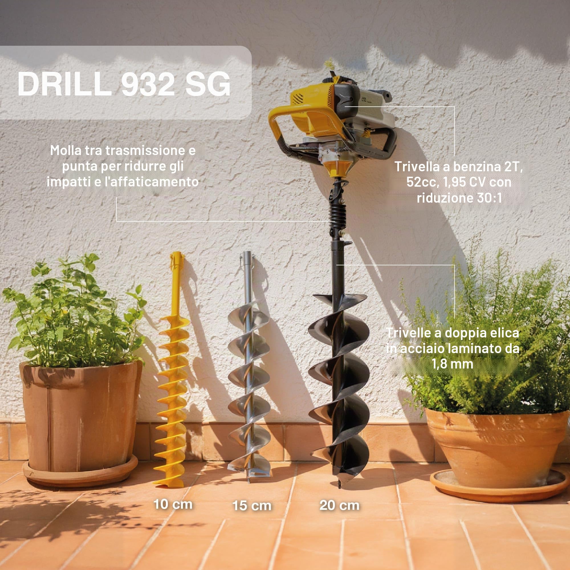 GARLAND DRILL 932SG-V20 - Rasoio a benzina motore 2T 52cc 1,95 CV 15,7 kg di peso con molla riduttore di urti e 3 cocline intercambiabili da 10, 15 e 20 cm e 80 cm di lunghezza.