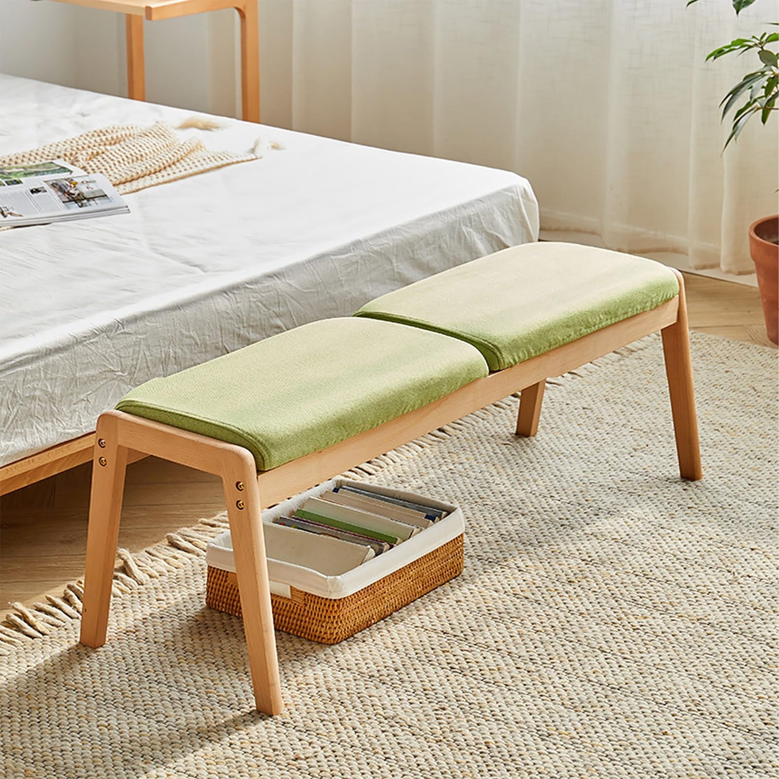 Panca Per Ingresso, Panca Per Tavolo Da Pranzo Con Seduta Imbottita E Struttura In Legno Massello, Superficie Liscia, Mobili Versatili Per Interni(Green,112cm/44.1in)