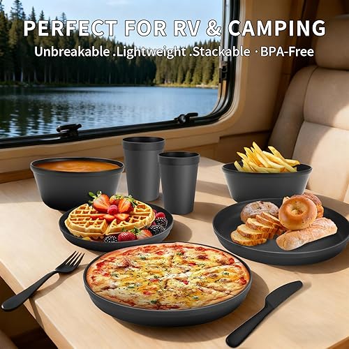 Miniatura 3 de Juego de vajilla para camping de RV de 40 piezas (servicio para 8), juego de platos y cuencos aptos para microondas con cubiertos, platos de