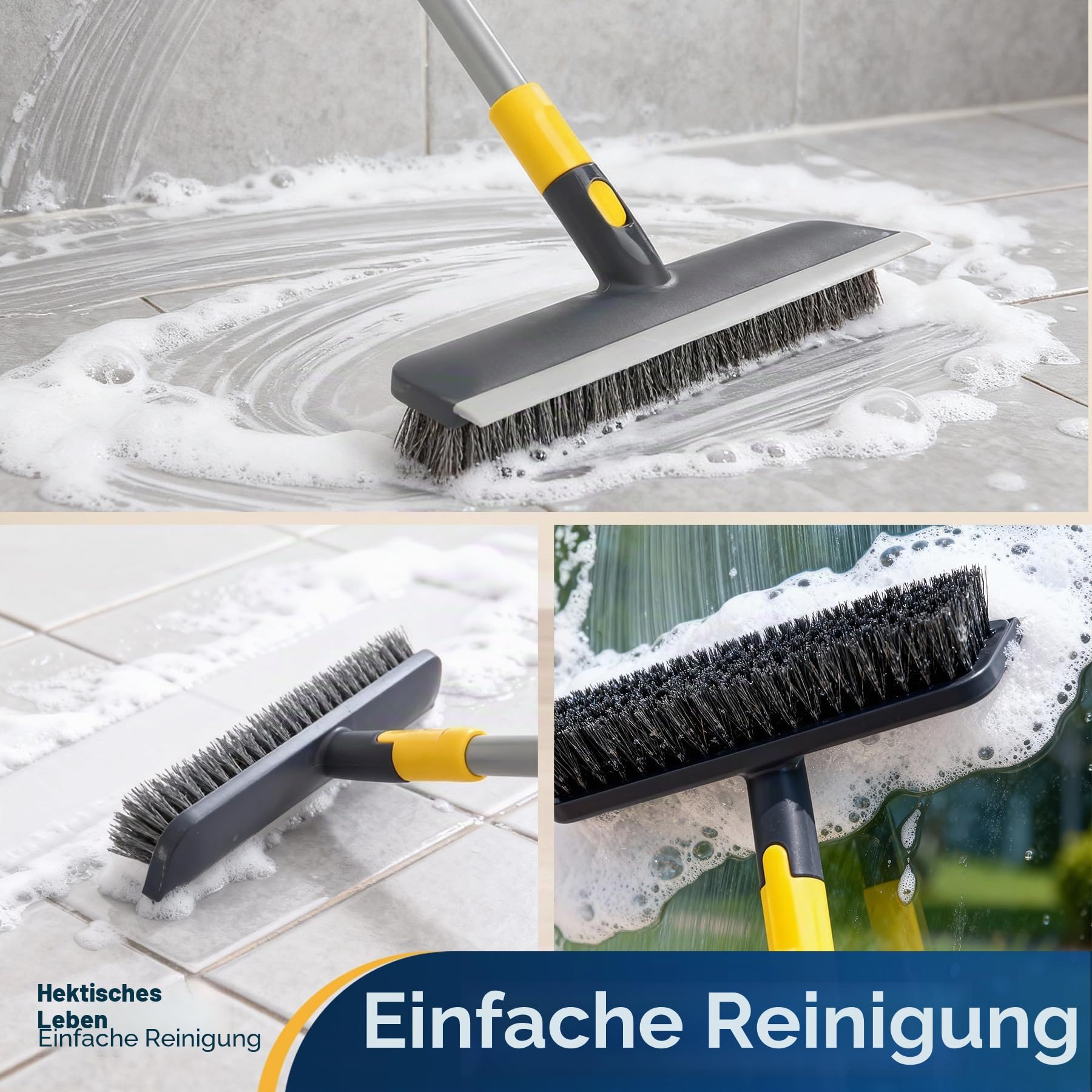Yocada Boden-Scheuerbürste, 142 cm, Teleskopgriff, 2-in-1-Schabbürste, steife Borsten, Duschschrubber für die Reinigung von Terrasse, Badezimmer, Garage, Küche, Wand, Terrasse, Wanne, Fliesen