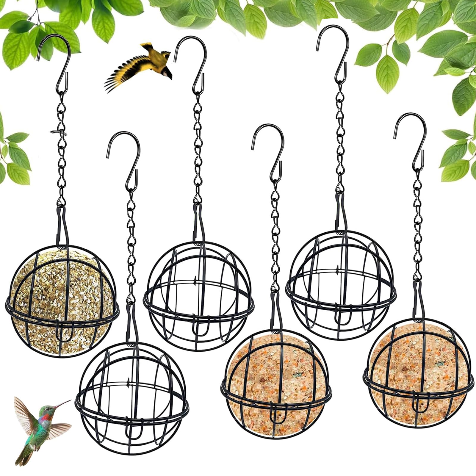 Fat Ball Feeder, Hanging Bird Feeders for Garden Wildlife, Six Black Metal Cage Bird Feeders with Chains for Year-Round Bird Feeding Support, Suitable for Robin Feeder and Wild Bird Food Dispensing