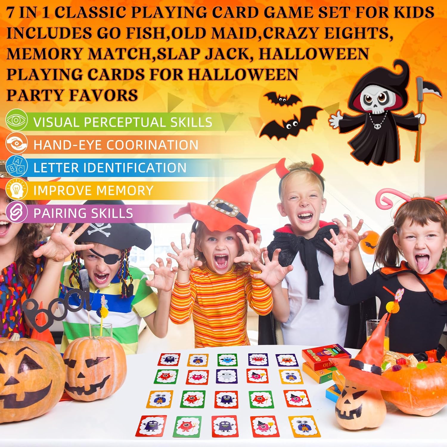 Zubebe 24 Pack Halloween Kids Card Games Bulk 6 in 1 Classic Playing Card Game Set for Kids Includes Go Fish, Old Maid, Crazy Eights, Memory Match, Slap Jack, Playing Cards for Halloween Party Favors