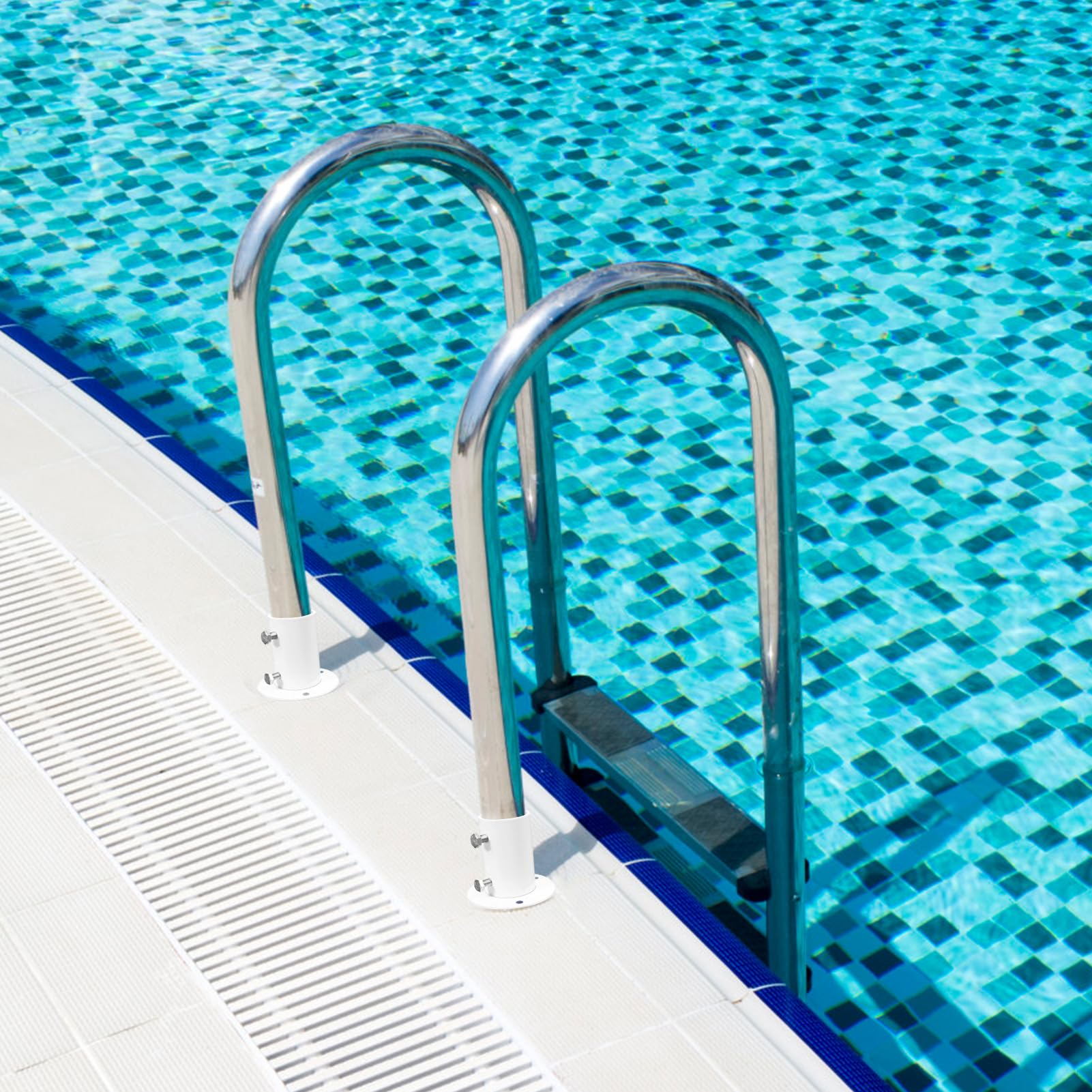 Bridas de cubierta para escaleras de escalera de piscina sobre el suelo, bridas de anclaje para escalera de piscina sobre el suelo, bridas de acero inoxidable, bridas blancas, brida de extremo de