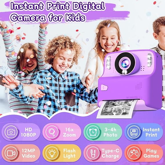 Kids Camera Instant Print, 1080P HD Digital Cameras for Boys and Girls with 32G Card & 200+ Photo Papers, Toy for Girls Age 3-16, 3 4 5 6 7 8 9 10 Year Old Toddler and Teenagers Purple