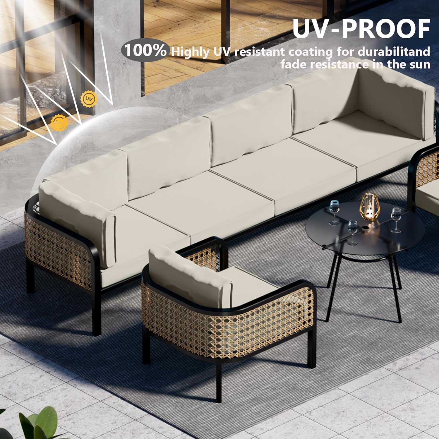 5 Inch Outdoor Cushions for Patio Furniture, 14 Piece Replacement Waterproof Cushions Set for Outdoor Furniture - Fits 6-Seat Rattan Wicker Sectional Conversation Sofa Set