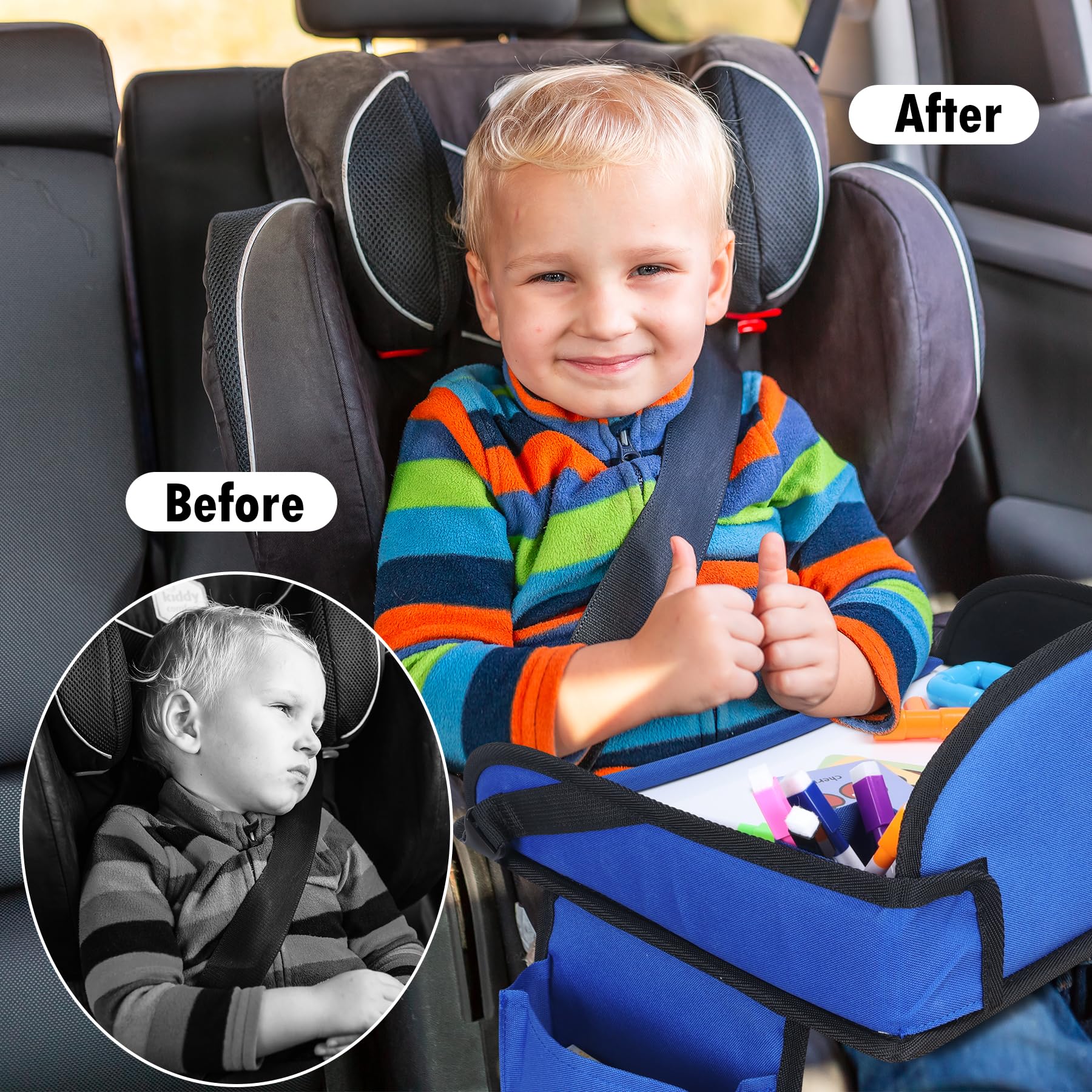 Bandeja de viaje para niños, bandeja de viaje para asiento de coche para niños, artículos esenciales de viaje por carretera para niños pequeños con kit de dibujo, bandeja de asiento de coche