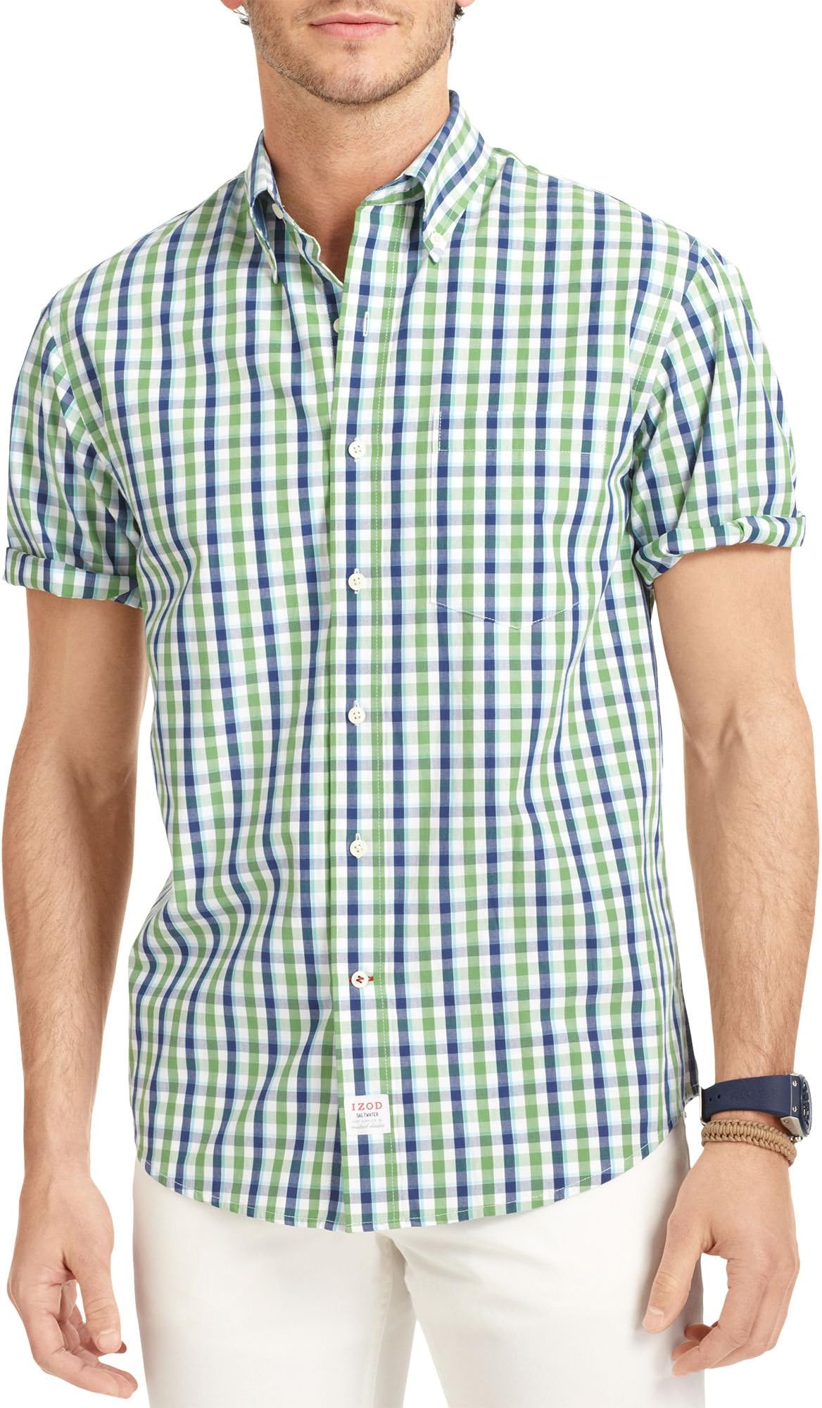 IZOD Men's Short Sleeve Saltwater Two Toned Gingham Button-down Woven