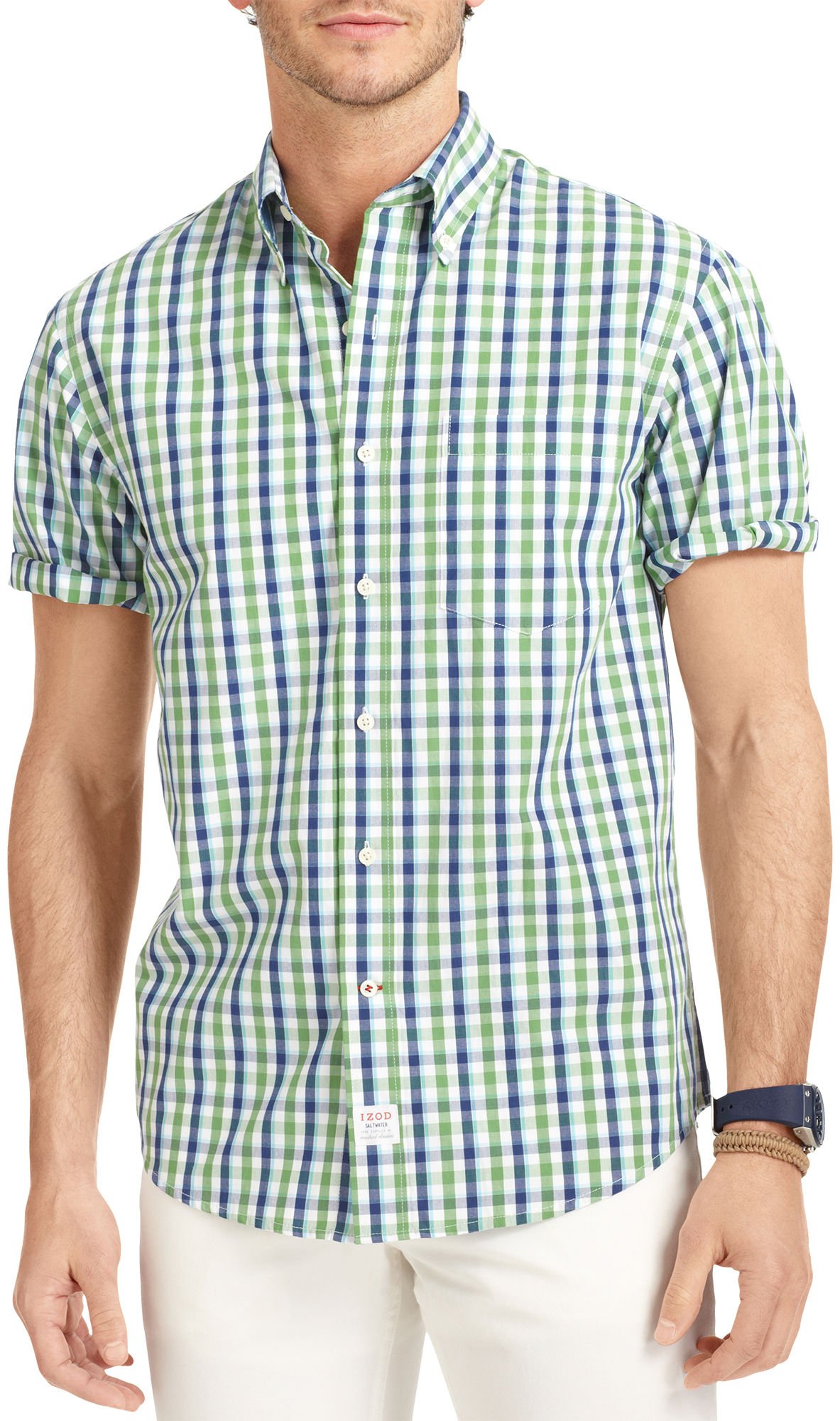 IZOD Men's Short Sleeve Saltwater Two Toned Gingham Button-down Woven
