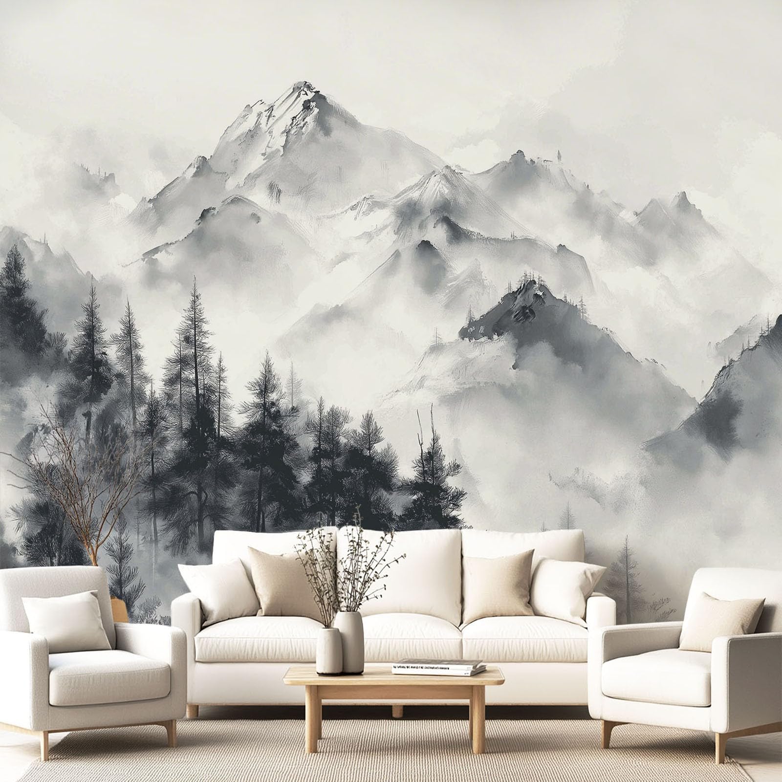 Générique Tapeta z włókniny w stylu orientalnym, czarno-biała, tapeta panoramiczna sosny górskie do mebli, do salonu, dekoracja ścienna 400 x 280 cm